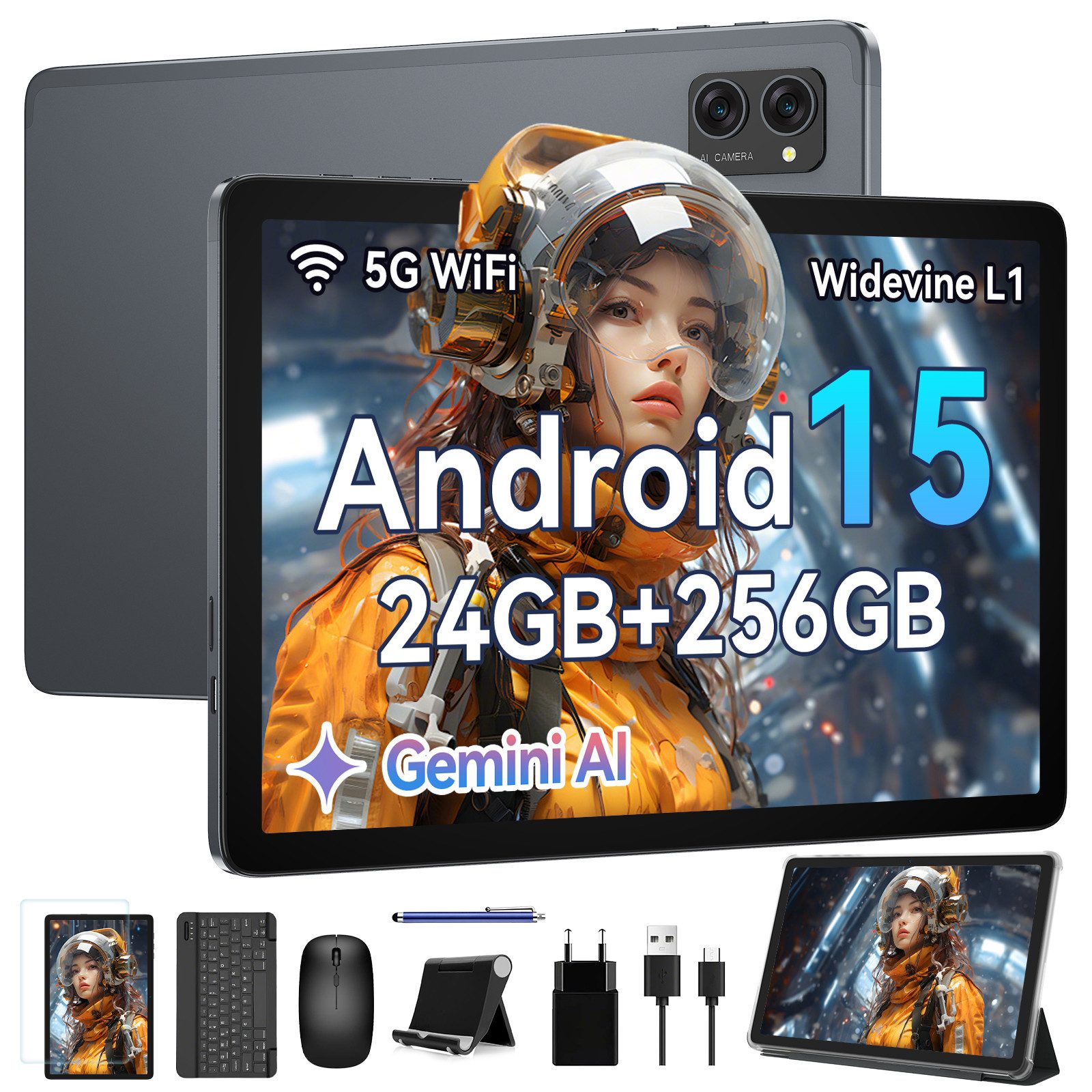 KINGRID Neuestes 10,1" Android 15 mit Tastatur/Maus/Hülle Tablet (10", 256 GB, Android15, Android 15, Gemini Al Magic, mit Stift/Maus/Tastatur)