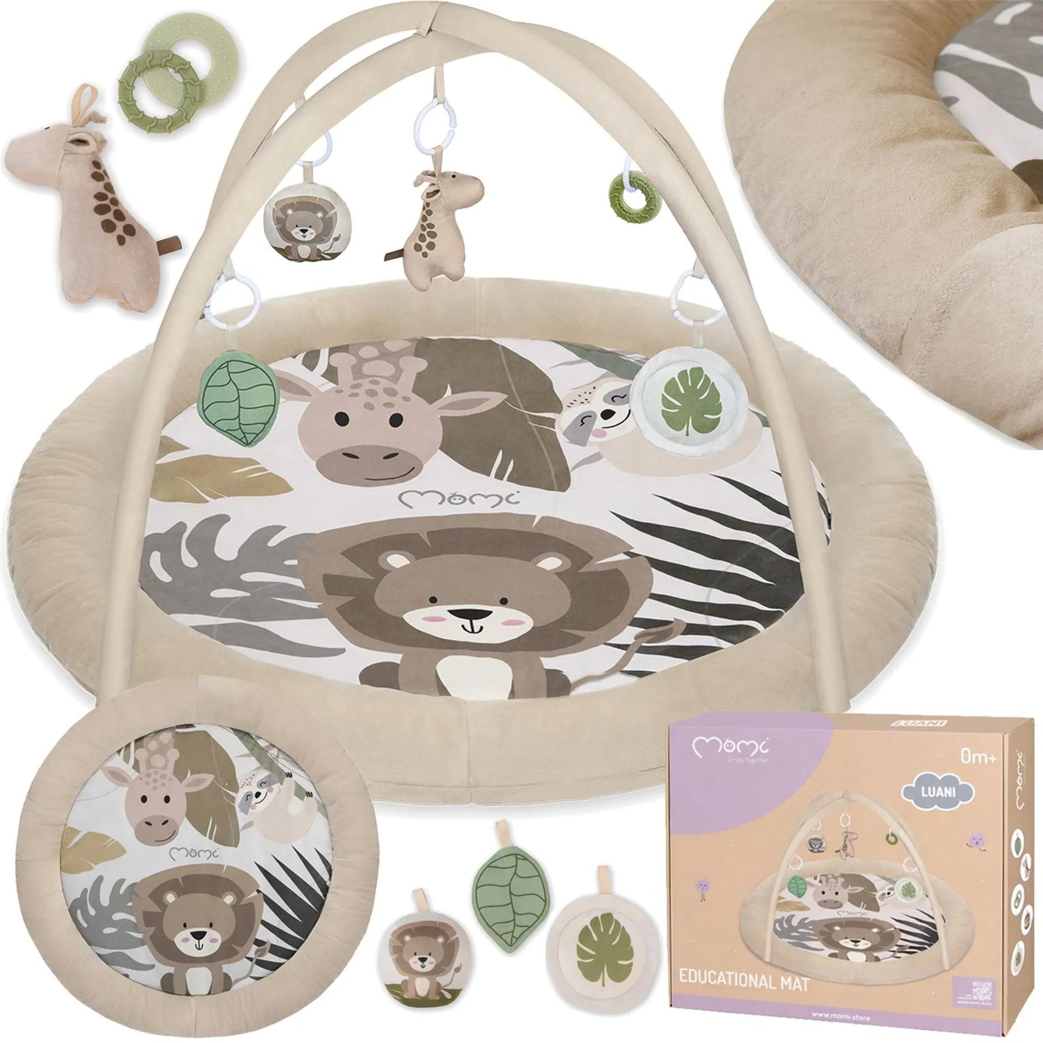 MoMi Spielmatte LUANI Baby Spieldecke mit Spielbogen, Plüsch, Spiegel, Rassel in Beige
