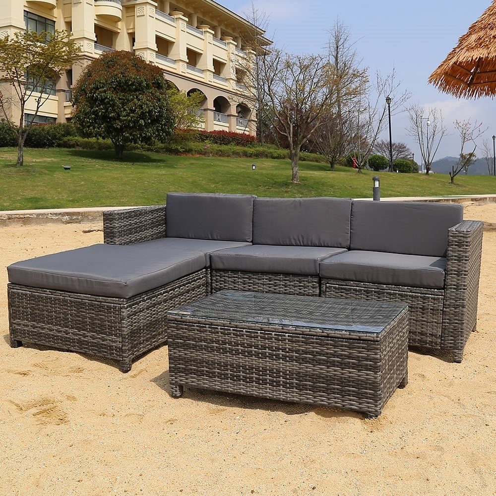 Melko Loungeset Sitzgruppe Polyrattan Lounge Gartensofa Set Grau Liege, (Set, Tisch mit 3-Sitzer Sofa und Hocker)