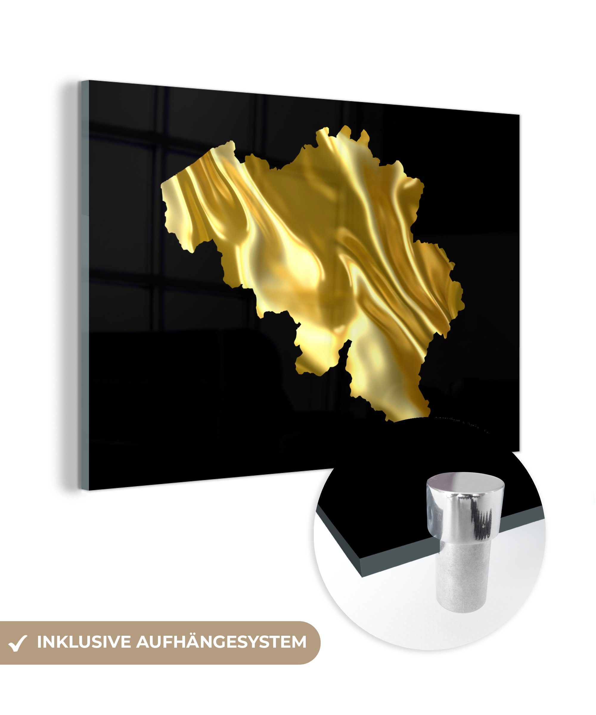 MuchoWow Acrylglasbild Karte - Belgien - Gold, (1 St), Acrylglasbilder Wohnzimmer & Schlafzimmer