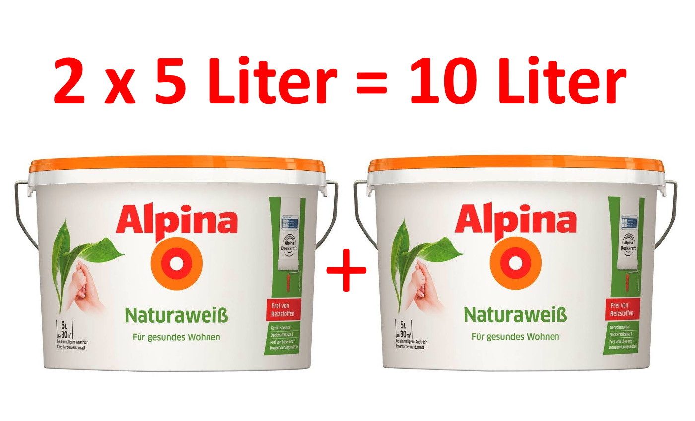 Alpina Wandfarbe 2 x 5 L. = 10 L. Naturaweiss Wandfarbe Allergiker beste Deckkraft Weiß, Frei von Reizstoffen - Frei von Löse- und Konservierungsmitteln