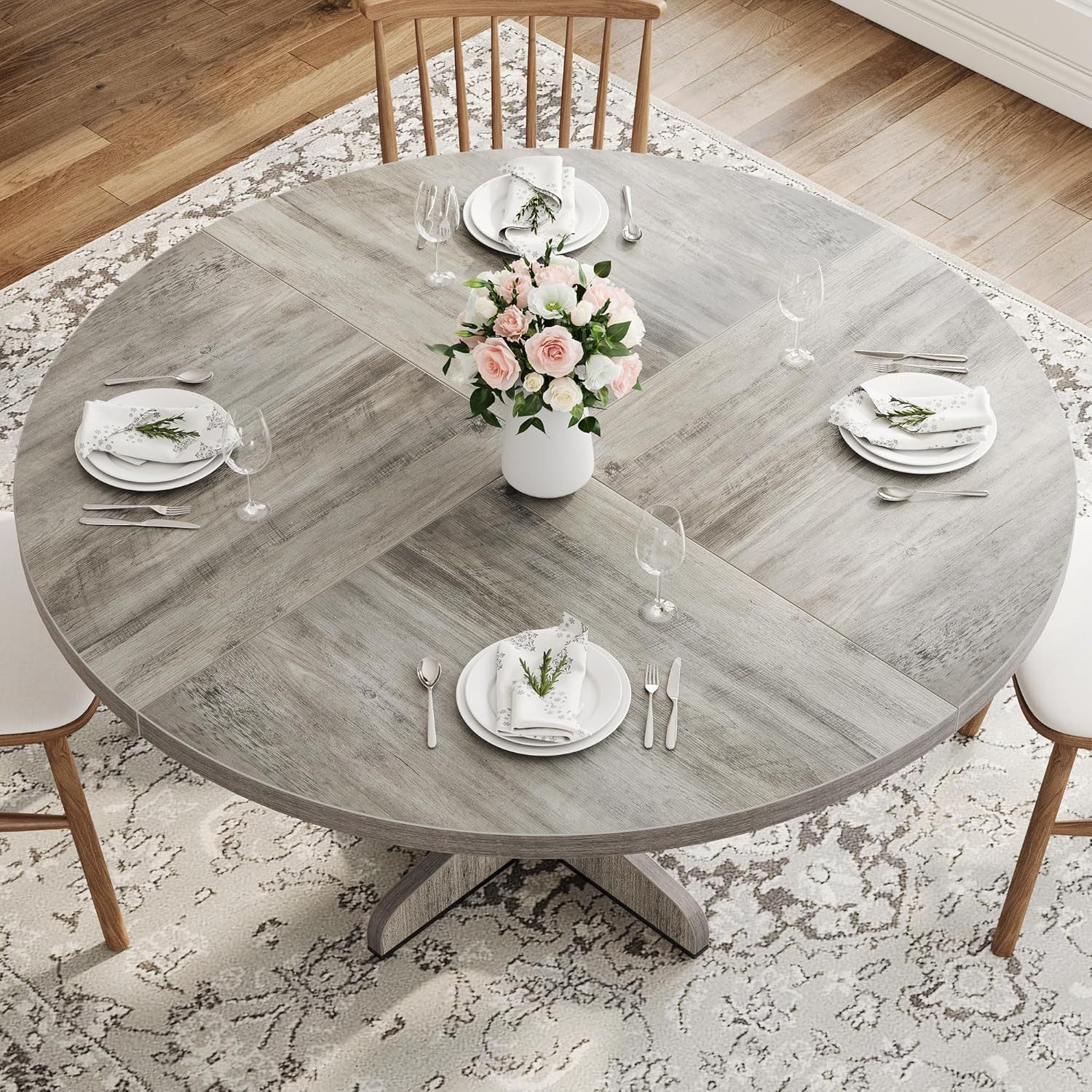 GarveeMore Esstisch Runder mit Holztischplatte und stabilem Fuß 4 Personen,120cm, Küchentische aus Holz für Esszimmer,Küche,Wohnzimmer – Bild 4 von 5