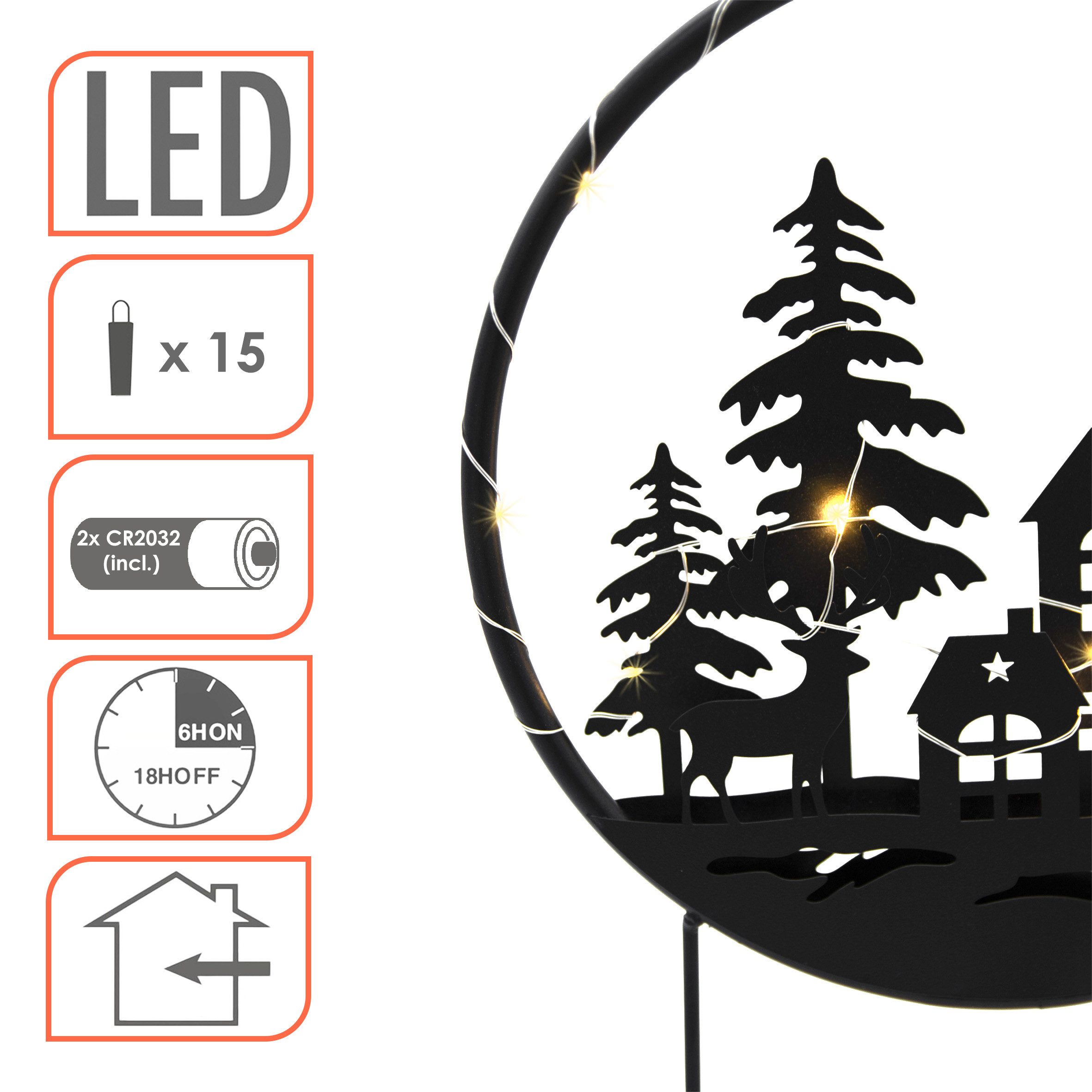 Spetebo Dekoobjekt LED Ring Deko Aufsteller schwarz - 37 x 25 cm, Metall Silhouettenbild mit 15 LED in warm weiß beleuchtet