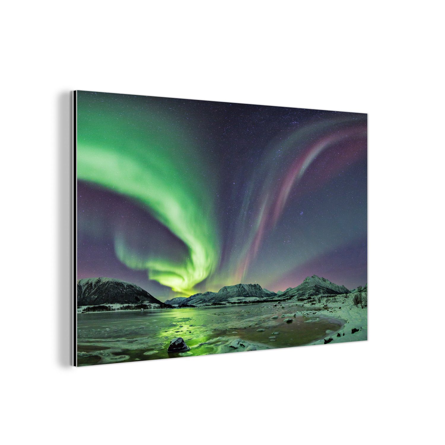 MuchoWow Metallbild Nordlichter - Eis - Lila - Grün, Inkl. Aufhängung, Wohnzimmer Dekoration aus Alu, Industrial, Metallbilder, 30x20 cm