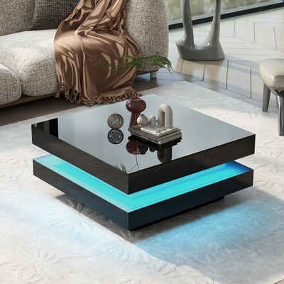 OKWISH Couchtisch (Quadratischer Couchtisch in Schwarz - moderner technologischer Stil, 2-IN-1-TISCH großer Teetisch hochglanzige Sofa Tisch 100cm), mit 16-farbiger LED-Beleuchtung, 70x70x36 cm