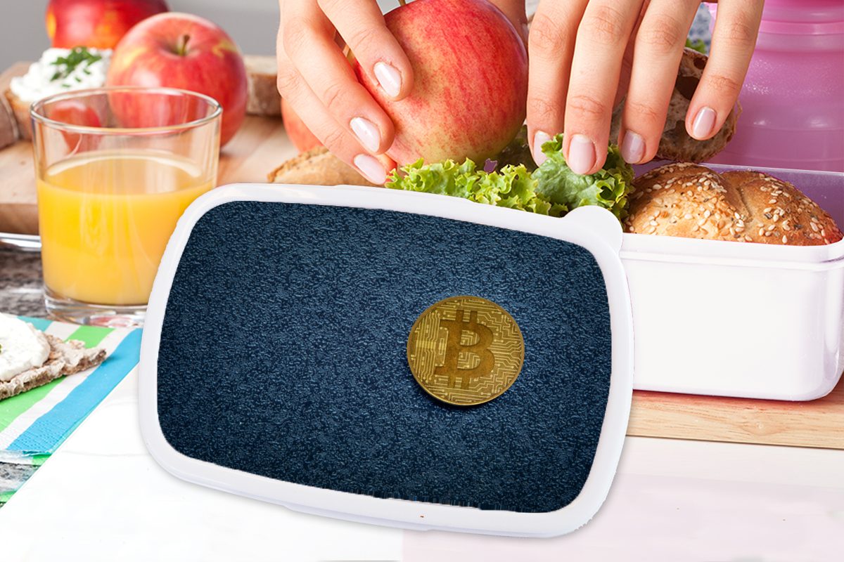 und Mädchen Kinder Brotbox auf weiß und Erwachsene, Bitcoin Jungs Lunchbox Gold für dunklem Kunststoff, Hintergrund, für (2-tlg), MuchoWow Brotdose,