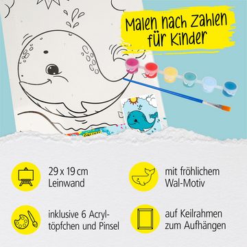 Online Pen Malen nach Zahlen Leinwand-Malen für Kinder (mit Farbtöpfchen & Pinsel), Motiv Wal, 19x29 cm