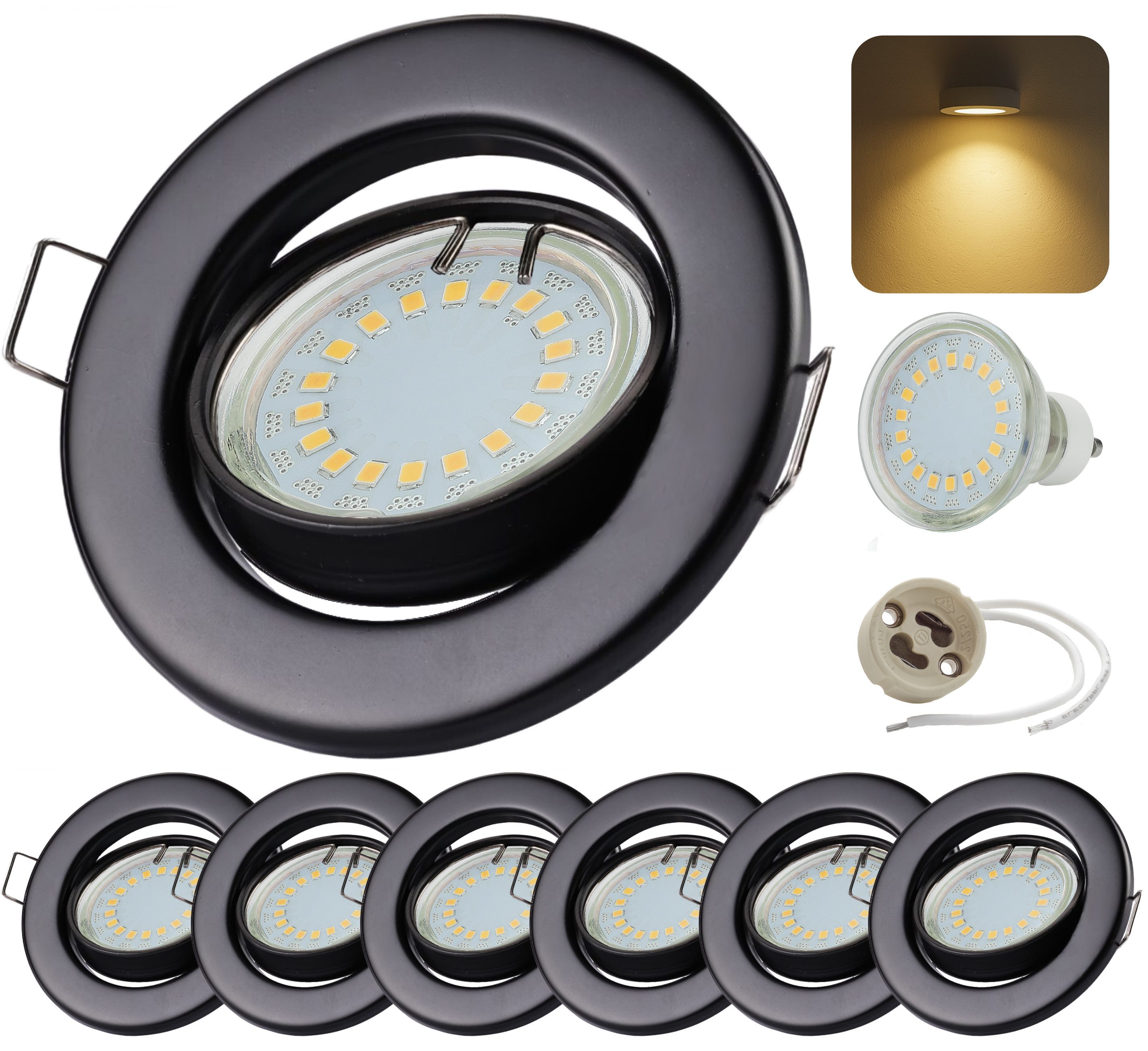 Sweet LED LED Einbaustrahler GU10 6er Set LED Einbauspots 230V 5W 3000K warmweiß schwarz schwenkbar, Deckenspots, Deckenstrahler,Einbauleuchten