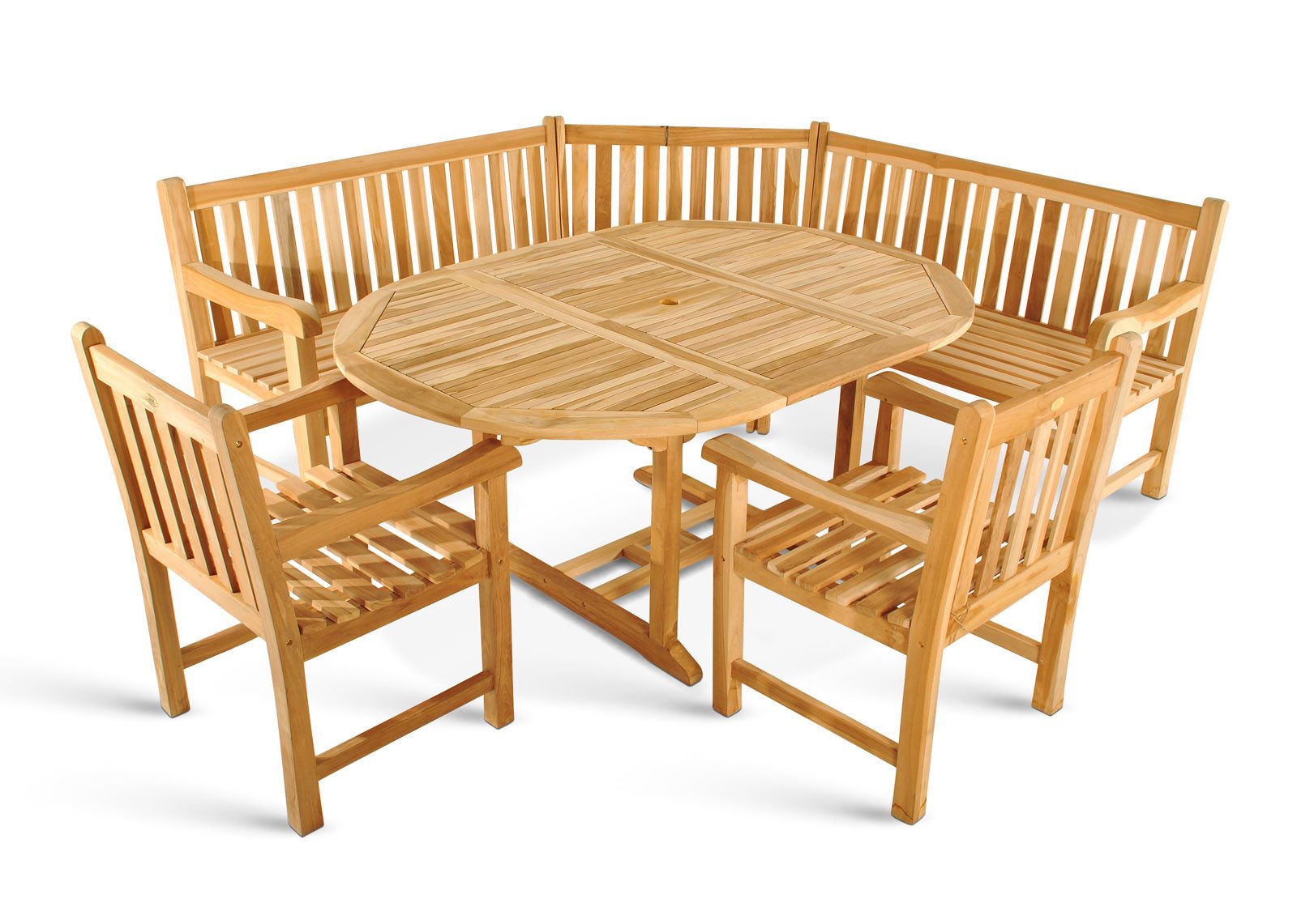 SAM® Garten-Essgruppe Baros/Java, 4tlg., robustes Teakholz, Tisch ausziehbar, 2 Gartensessel, 1 Eckbank