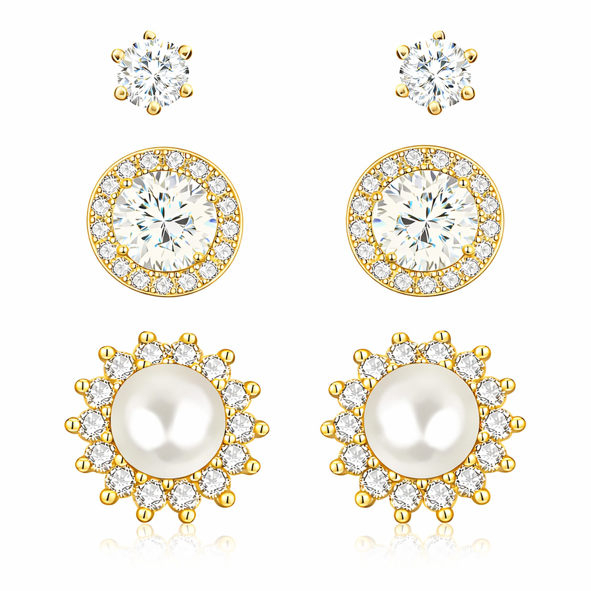 LÖB Paar Ohrstecker 750 Gold vergoldet Ohrstecker Ohrringe Set Perlen Zirkonia Stein Blume (Geschenke für Frauen Beste Freundin Mutter Mama Damen Ehefrau sie zum Geburtstag Ostern Muttertag Muttertagsgeschenk, Inkl. Schmuckbox), Rund Klein Solitär Glitzer Schmuckset Perlenohrringe Layering Schmuck