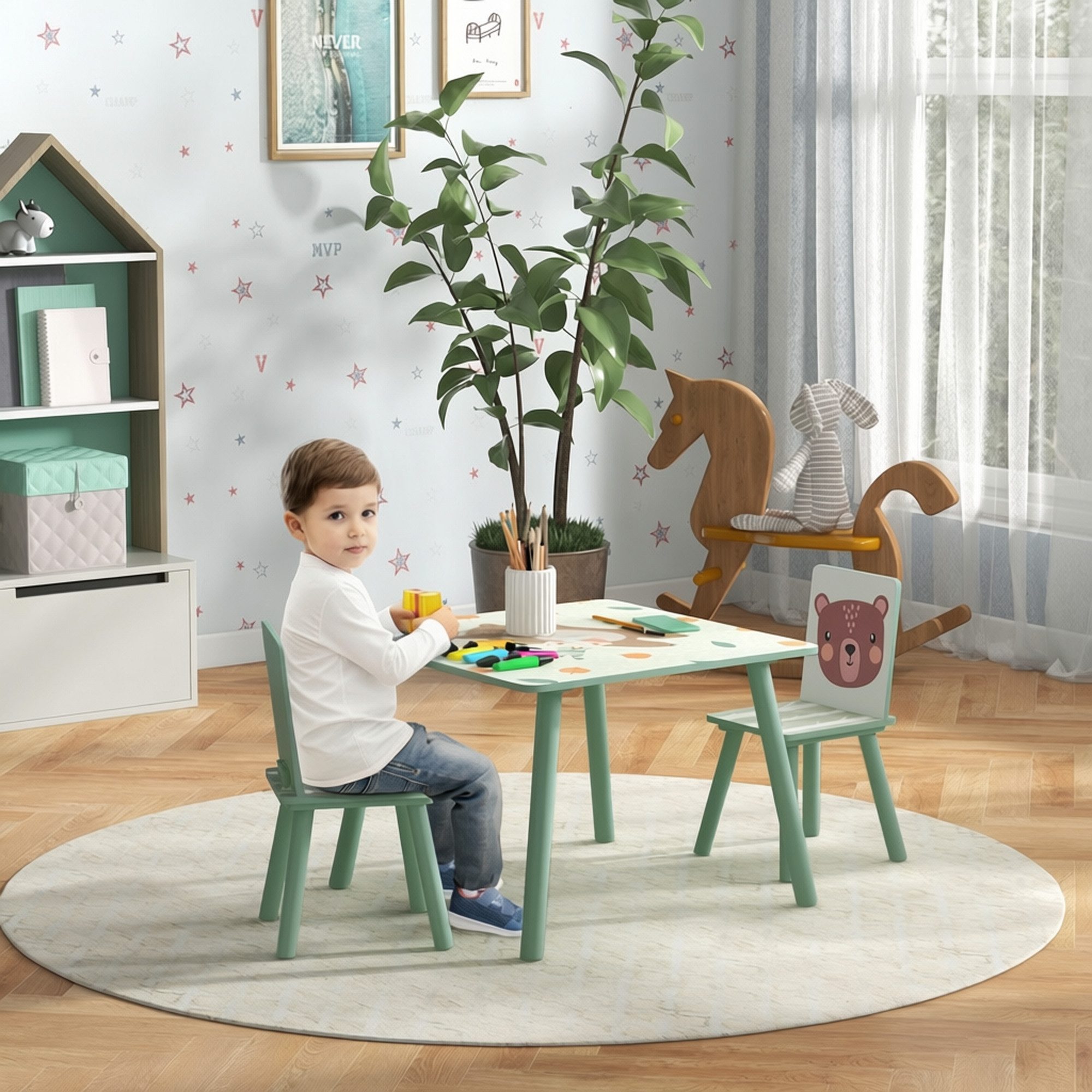ZONEKIZ Kindersitzgruppe Kindertisch mit Tiermotiv, Kindermöbel für Kinderzimmer, (Kinderschreibtisch, 3-tlg., Stühle), 3-teilige Set für Schlafzimmer, Kinderga – Bild 2 von 5