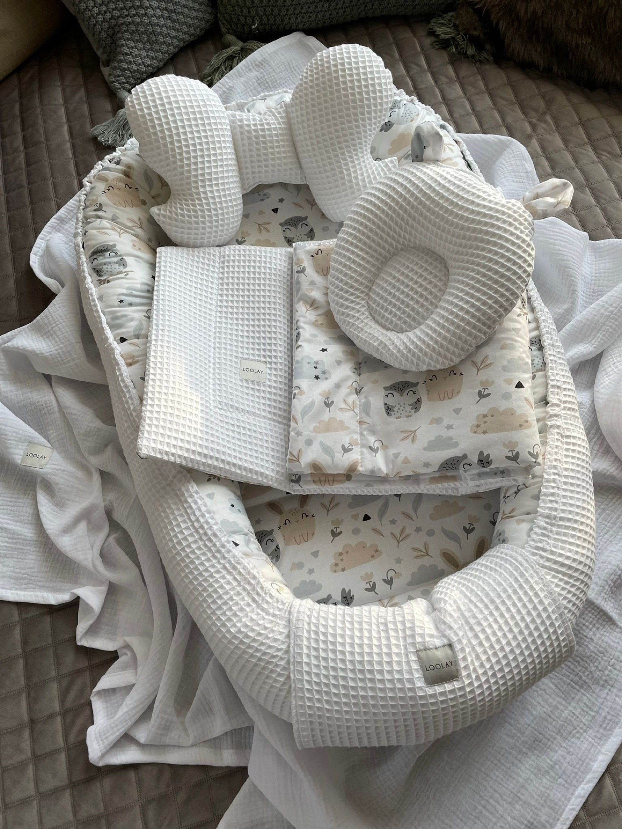 Bettnestchen Weiß WAFFELPIQUE/ HASE Beige Babynest Babyaustattung Neugeborene SETS