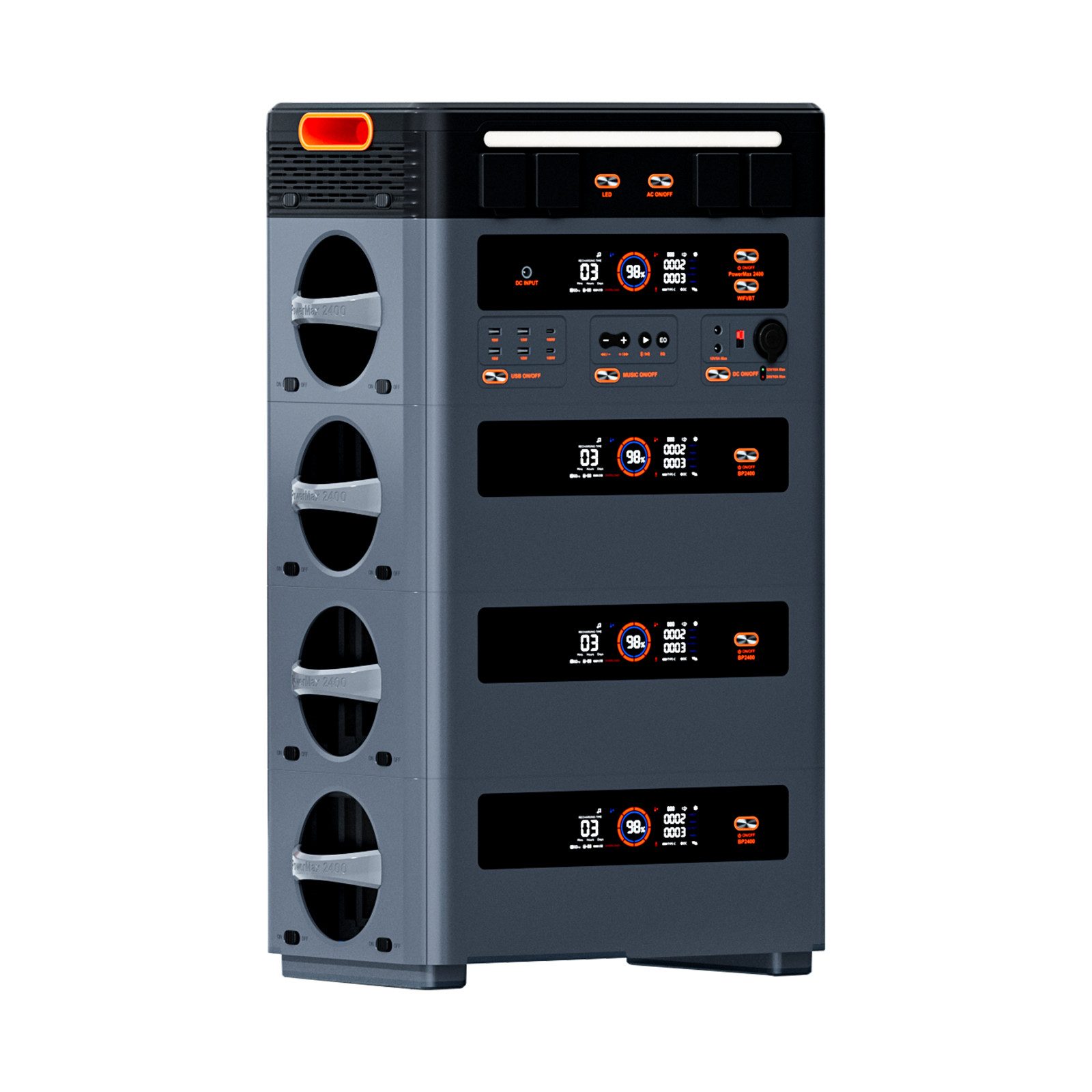 OSCAL Stromerzeuger Mikro-Wechselrichter PowerMax 2400Pro Powerstation 2016Wh, 2,4 in kW, Trennbar/mit Stereo/Strom ins Netz rückspeisen/16 Anschlüsse