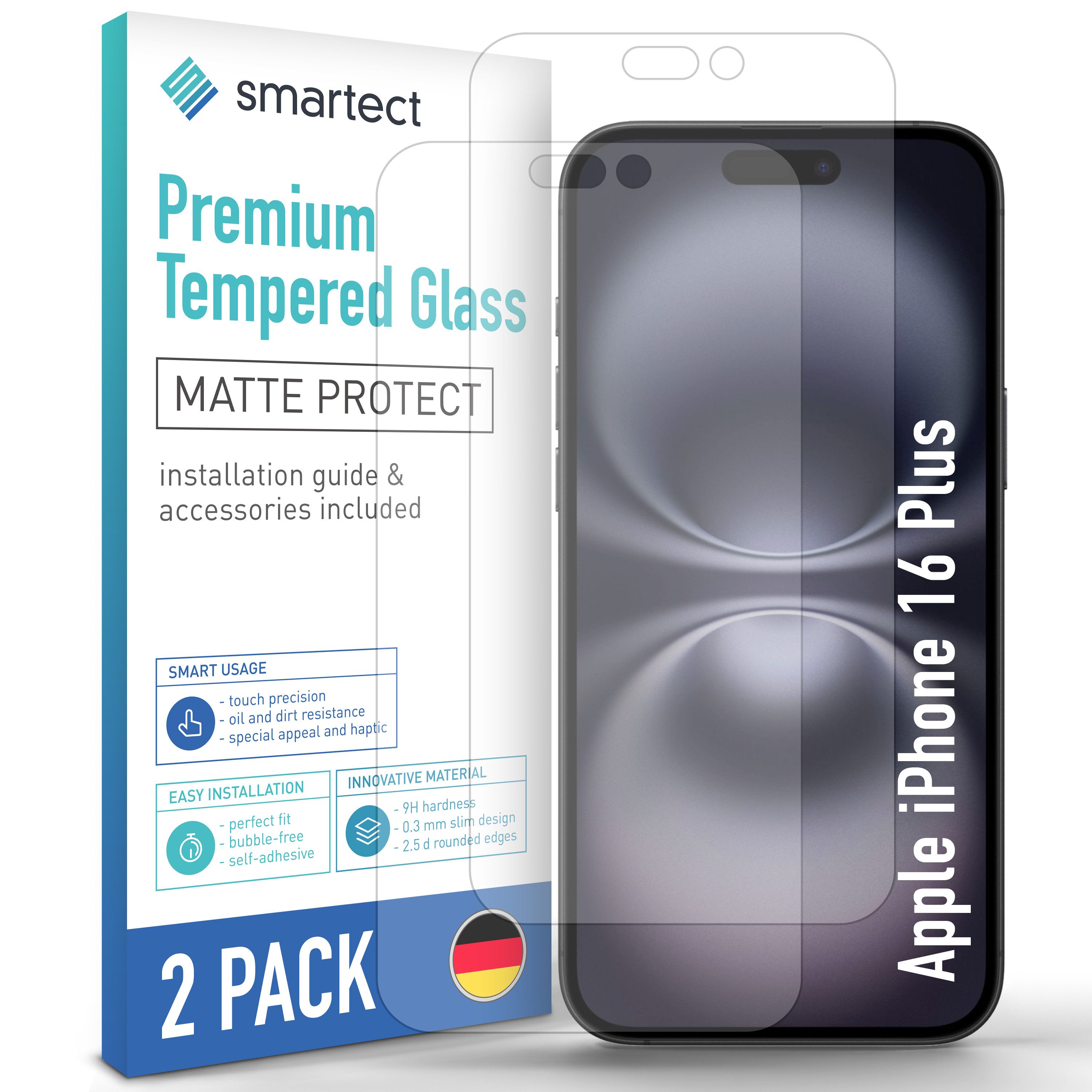 smartect Displayschutzglas Schutzglas Panzerfolie Matt für iPhone 16 Plus, Set, 2 Stück, Schutzfolie Glasschutz Bildschirm