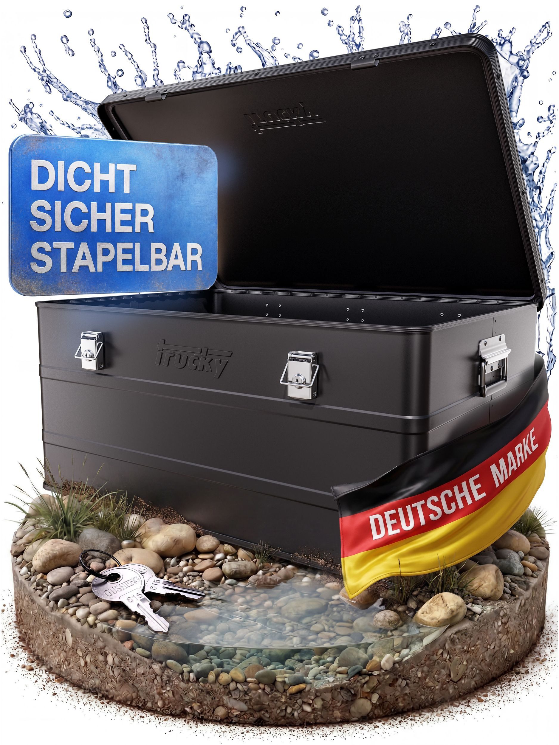 Trucky Allzweckkiste Aluminium Box mit Deckel Schwarz Alukiste 135 L Abschließbar