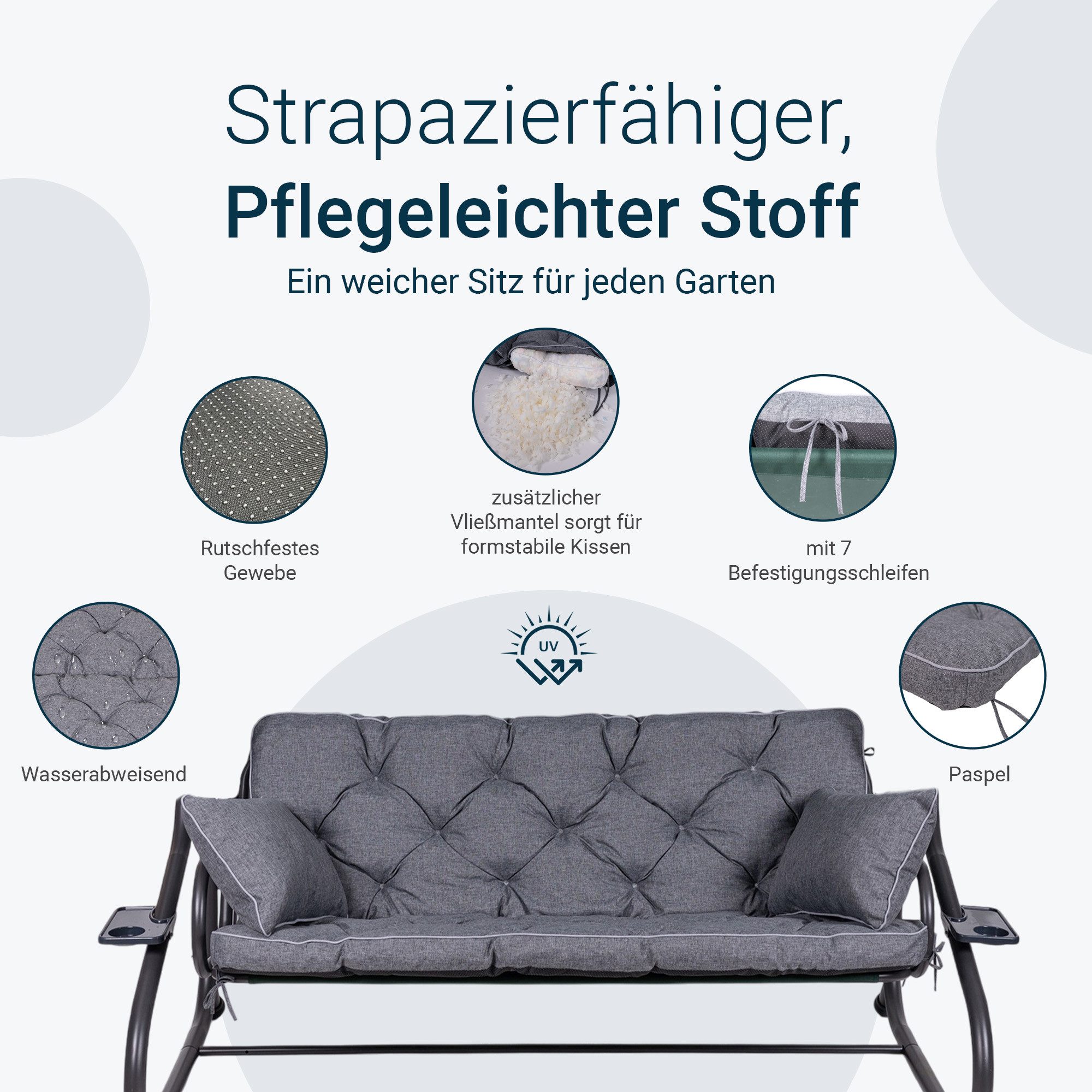 TexDeko Auflagekissen Ecolen Gartenbankauflage für Hollywoodschaukel mit Rückenlehne, (1x Gartenbankauflage für Hollywoodschaukel + 2x Kissen), UV-Beständig