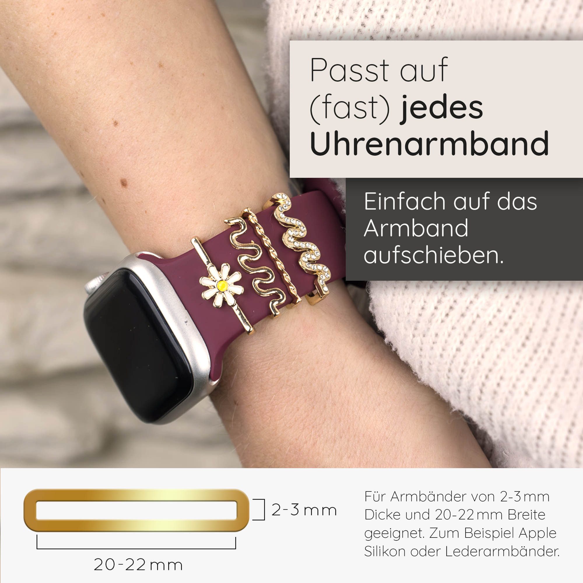 EAZY CASE Smartwatch-Armband Apple Watch Charms Set 38/40/41mm & 42/44/45/49mm, Smartwatch Schmuck Blume Glitzer Gold – Bild 4 von 5