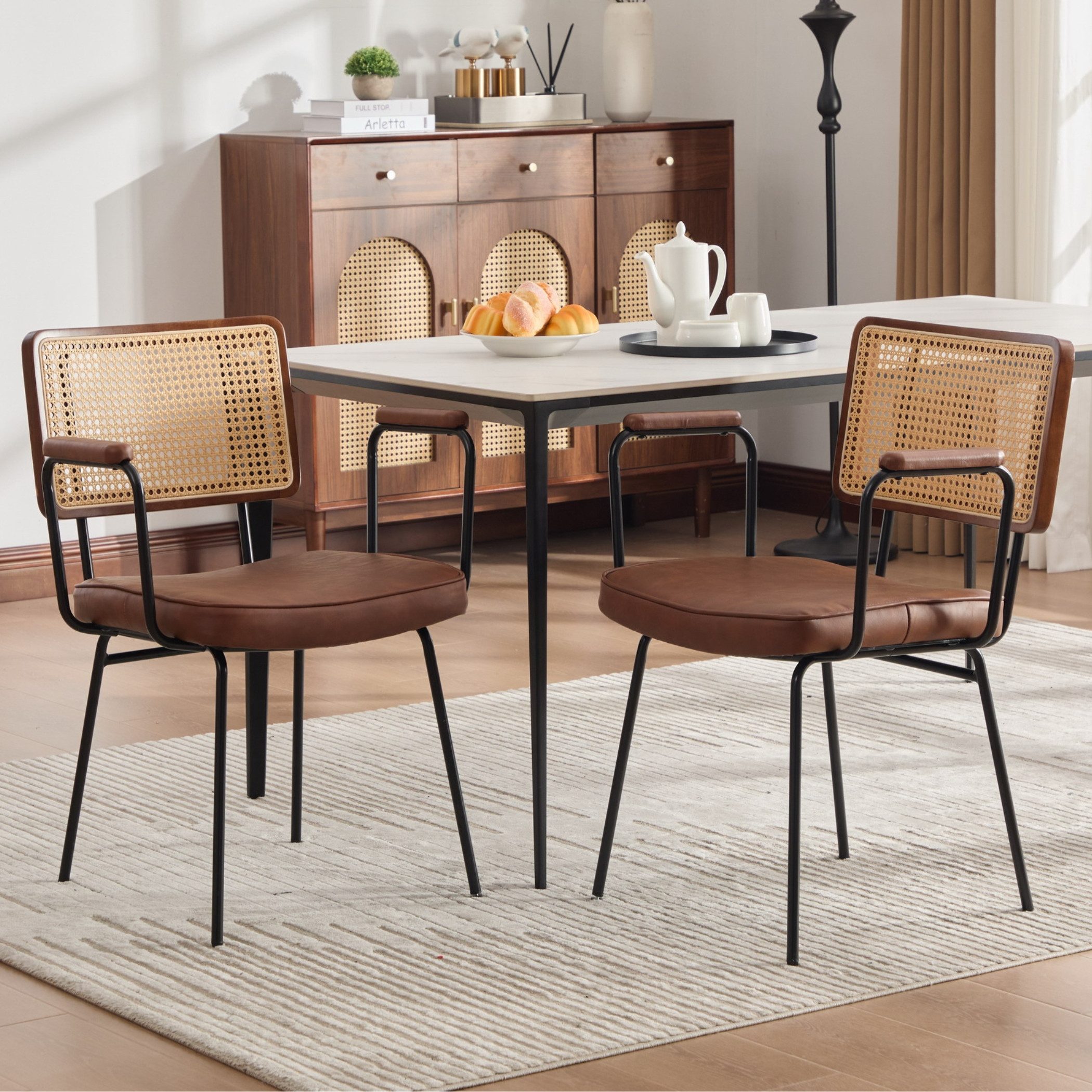 SeedWave Esszimmerstuhl 2er Set Küchenstuhl Metallgestell, PE-Rattan Rücken mit Holzrahmen, 105°-Winkel zwischen Armlehnen und Rückenlehne, 120kg Belastbarkeit