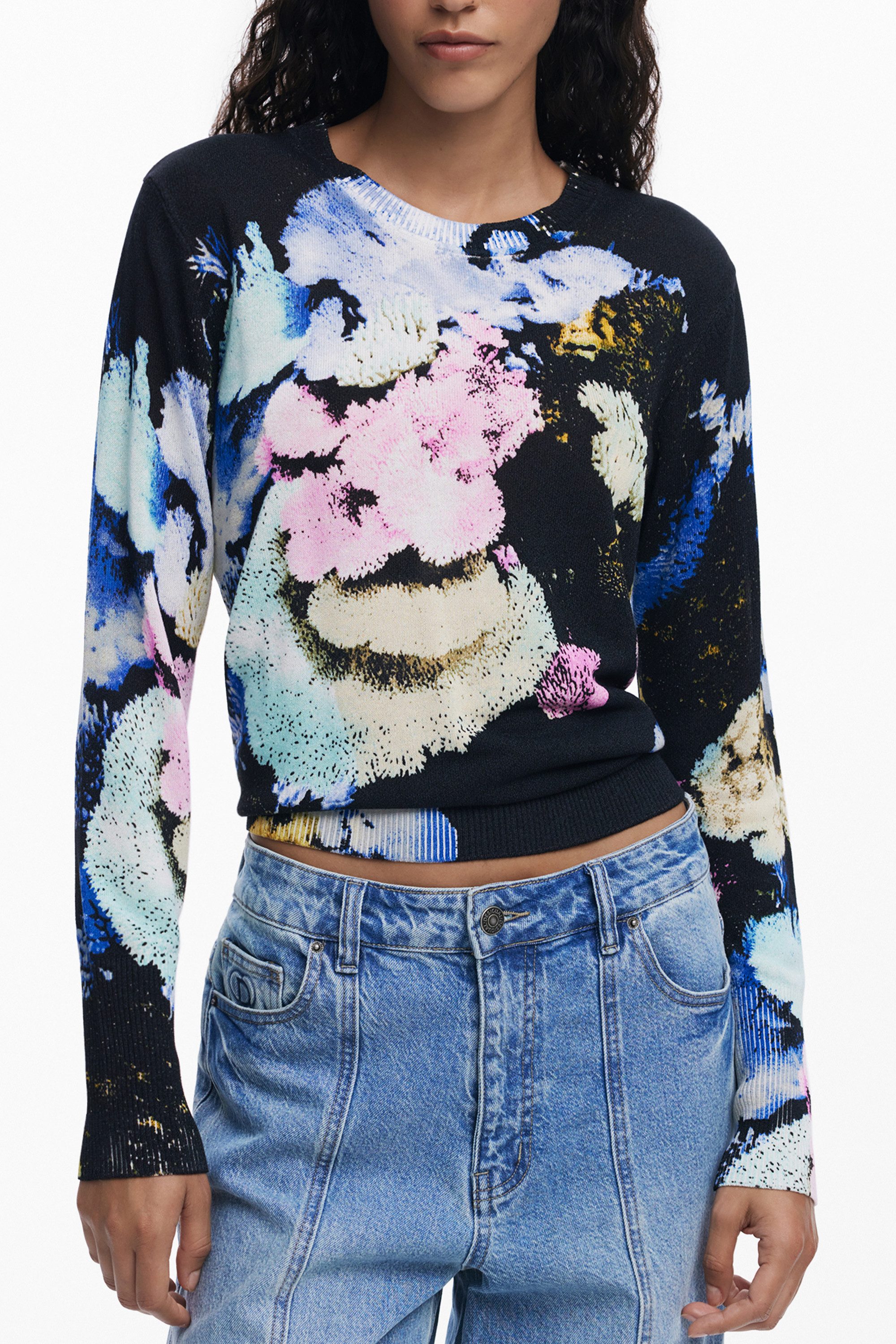 Desigual Strickpullover Stilvoller Damenpullover: Schwarz, Langarm & Muster günstig online kaufen
