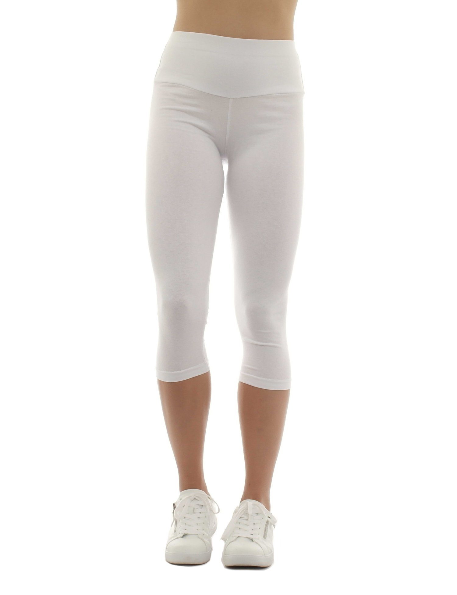 F&K-Mode Bund Leggings Hose hoher Caprileggings Bund Baumwolle hoher 3/4 Capri Damen weiss