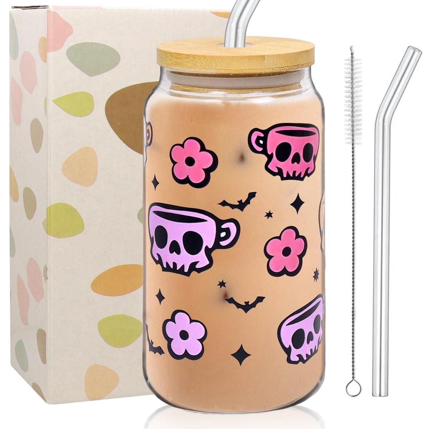 LuxusKollektion Becher Halloween Glas Dose mit Deckel & Strohhalm 500ml