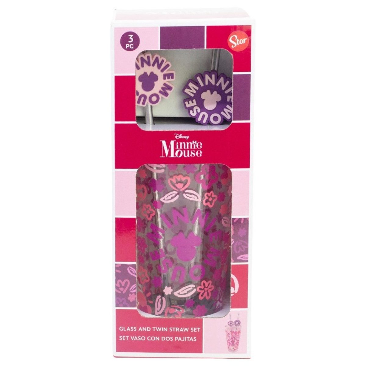 Disney Minnie Mouse Glas Glas 480 ml mit 2 Edelstahl Trinkhalmen, 3-tlg., Glas