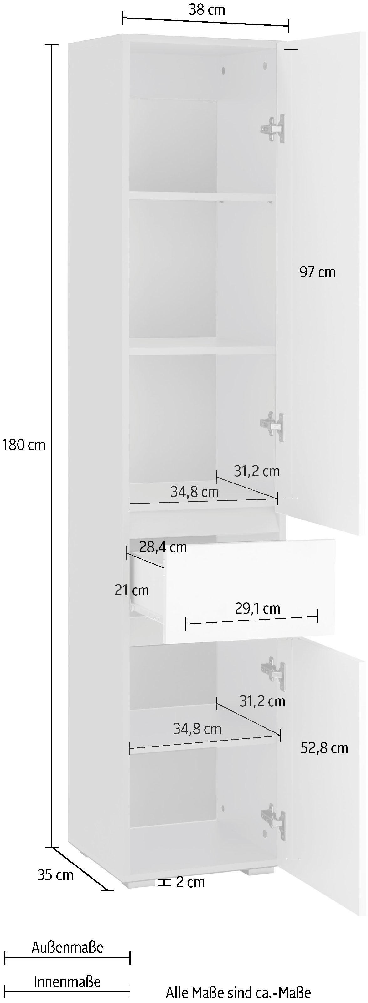 & Höhe Hochschrank Schubkasten mit weiß/weiß Wisla | cm, affaire Türen weiß 180 Home