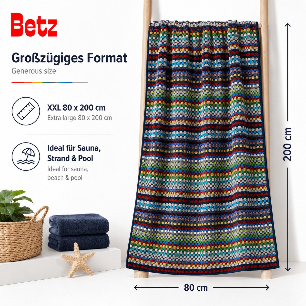 Betz Badetuch XXL Duschtuch Saunatuch Strandtuch 100% Baumwolle Karo BUNT 100x200cm, Baumwolle (1-St)