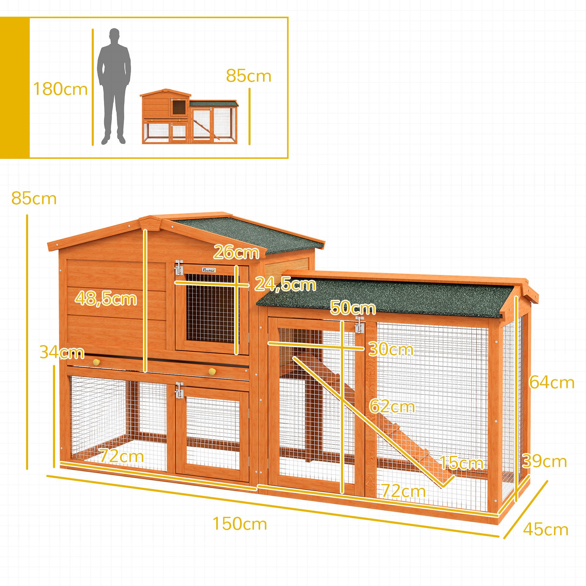 PawHut Kleintierstall Kaninchenstall aus Holz auf Zwei Etagen mit Rampe Hasenstall, 150 x 45 x 85 cm, für Hasen, Meerschweinchen, Orange