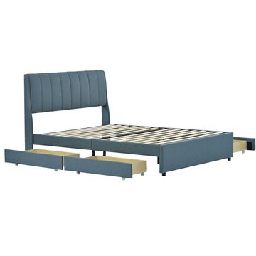 WISHDOR Polsterbett Doppelbett mit Schubladen und Rückenlehne (140 x 200 cm Blau mit Lattenrost ohne Matratze), Leinenbett mit Außenverteidigern auf beiden Seiten