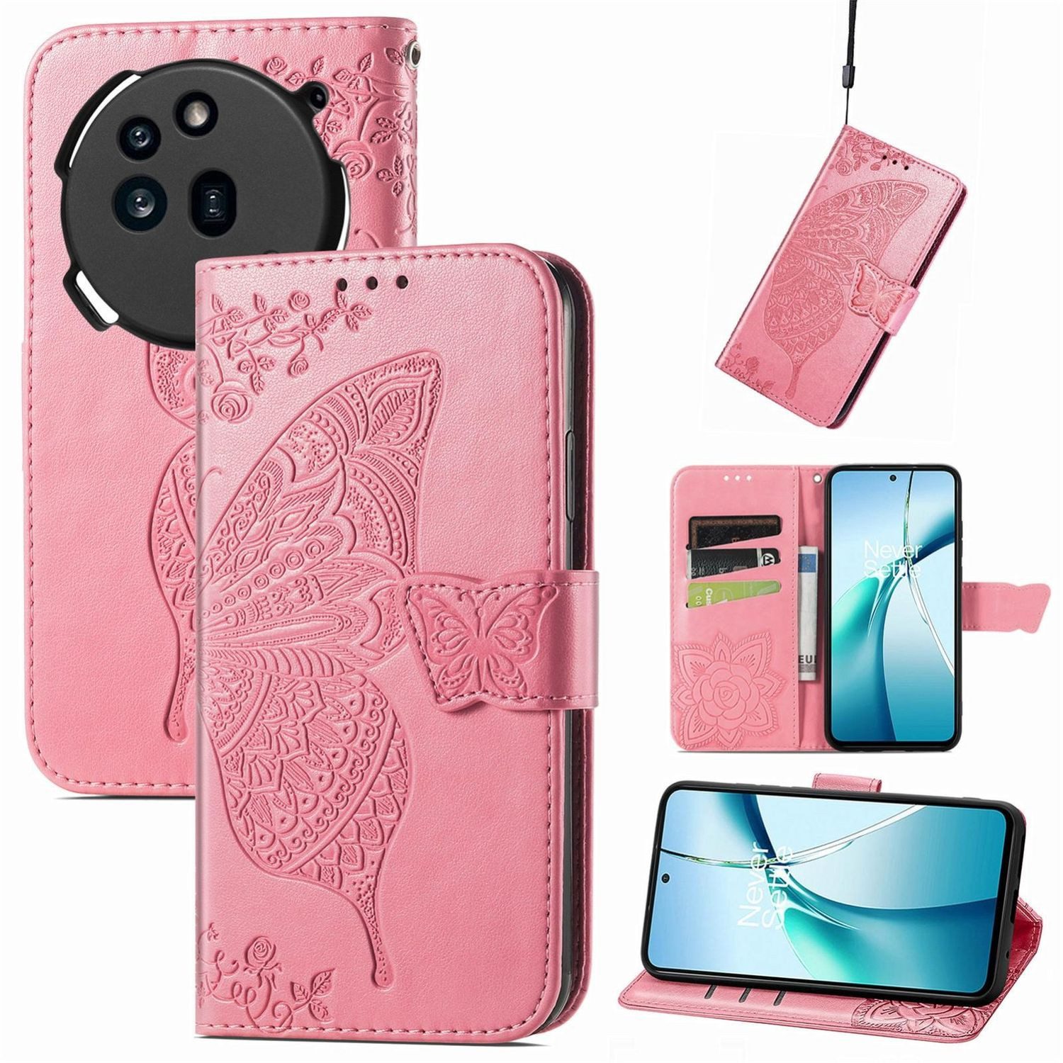 Wigento Smartphone-Hülle Für Nothing Phone 3a Pro Kunstleder Schmetterling Tasche Hülle Pink, Kunst-Leder Schutzhülle Smart Case Cover magnetischer Verschluss