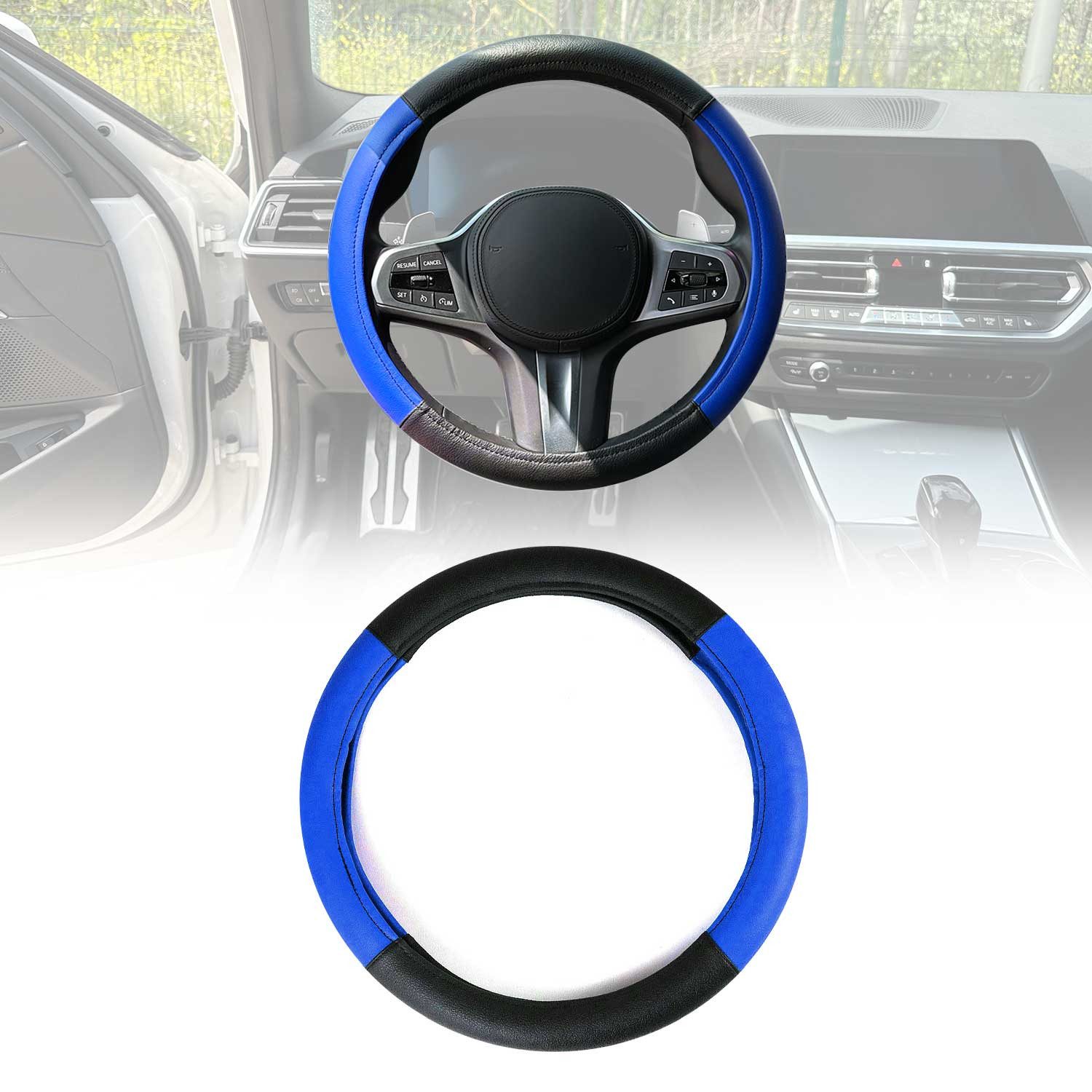 OMAC Lenkradbezug Lenkradbezug Lenkradschoner Lenkrad Abdeckung Blau-Schwarz Ø 38-40 cm, (1-tlg), Geruchlos, Leicht Anpassbar, Flexibel