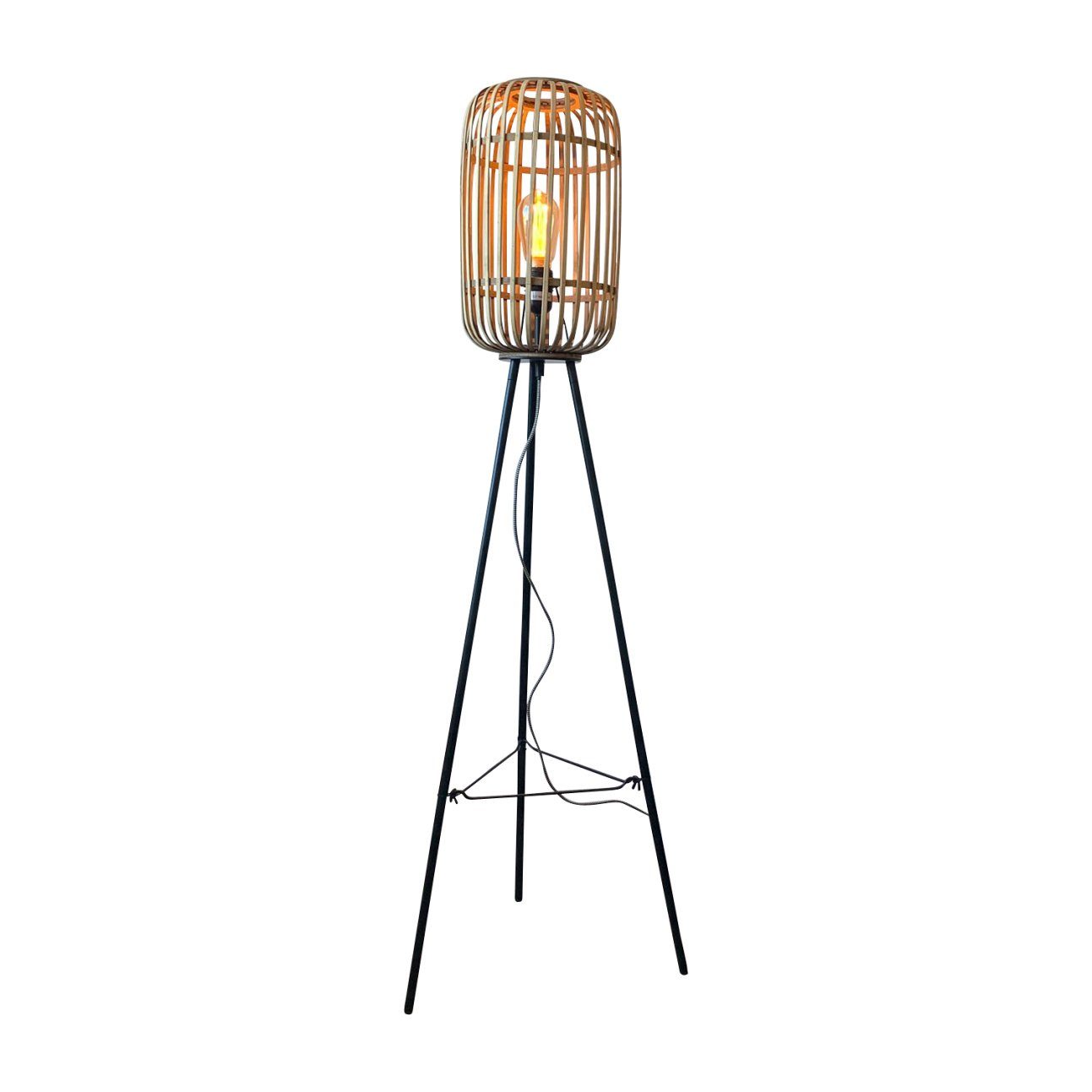 freelight stehlampe, leuchte holz metall rattan schwarz malacca vintage  rattan stil rustikal e27 landhaus wohnzimmerlampe loft-lampe schlafzimmer