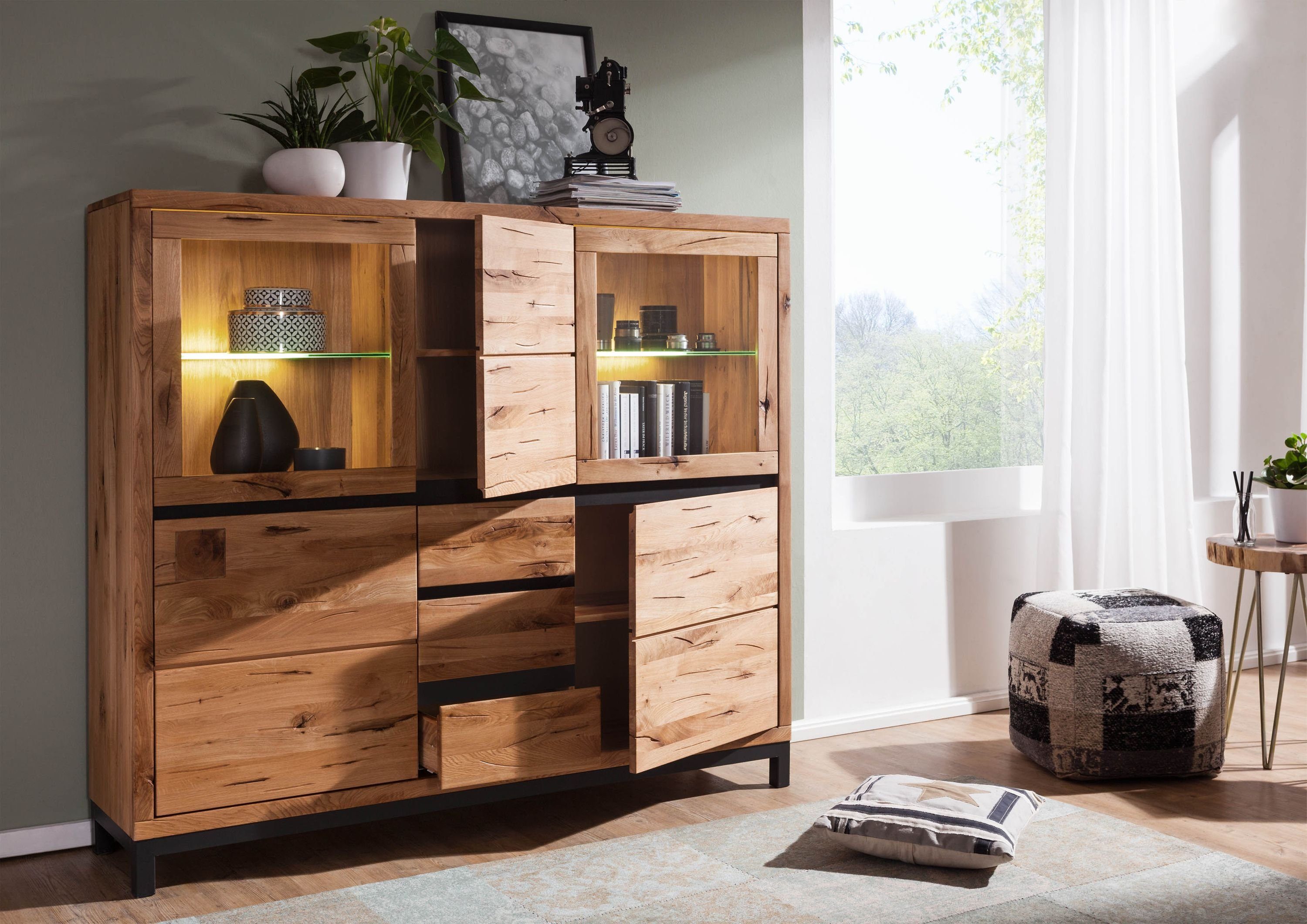 Massivmoebel24 Highboard (Massivholz), Highboard Wildeiche 166x40x148 natur geölt VILLANDERS #107