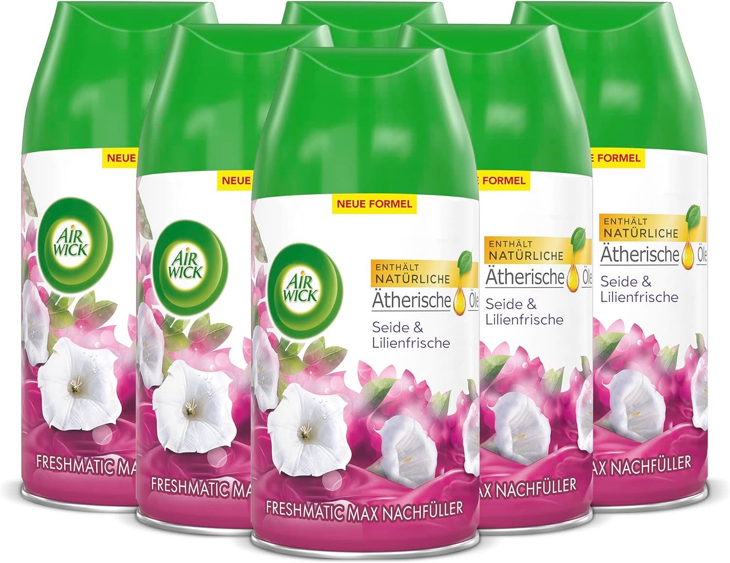 Air Wick Raumduft Freshmatic Max Nachfüller Seide und Lilienfrische 6 x 250ml (Vorratspack, 6-St., Automatisches Duftspray), mit ätherischen Ölen
