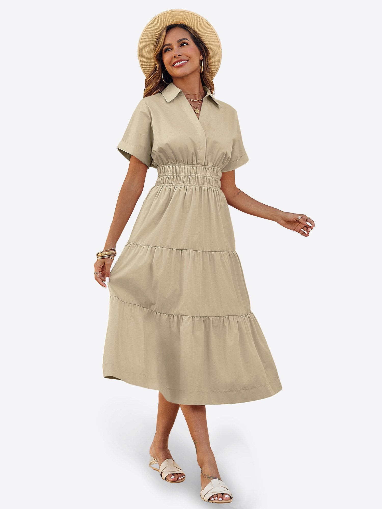 Imily Bela Maxikleid Damen Gerüschtes Fließendes Hemdkleid (Packung, 1-tlg., 1per-Pack) mit Taschen – Bild 4 von 5