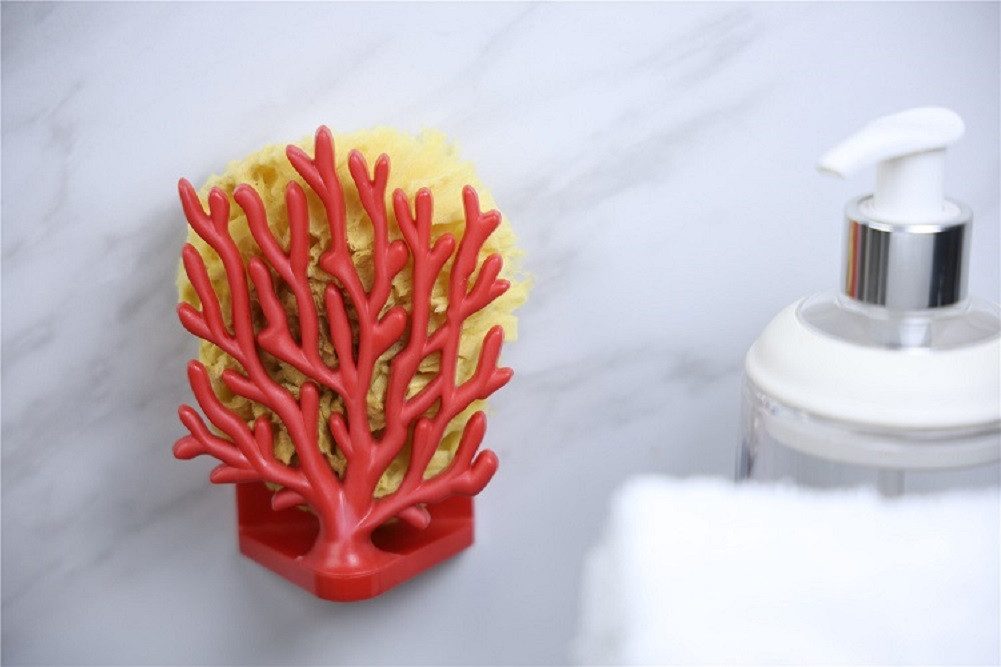 Qualy Design Schwammhalter Coral Koralle, (ca. 11 x 8 x 4,5 cm, 3-tlg., Halter, inkl. 2 Saugknöpfe), Kunststoff, hergestellt aus 3 recycelten 420 ml PET-Flaschen