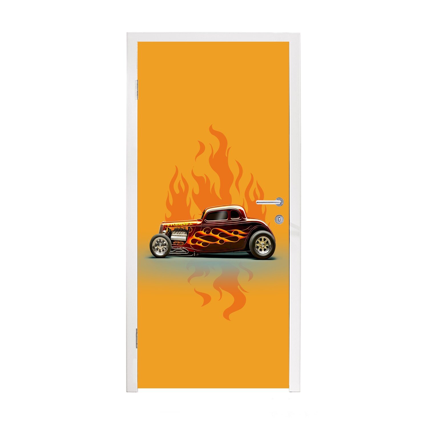 MuchoWow Türtapete Auto - Flammen - Rot - Vintage, Matt, bedruckt, (1 St), Fototapete für Tür, Türaufkleber, 75x205 cm