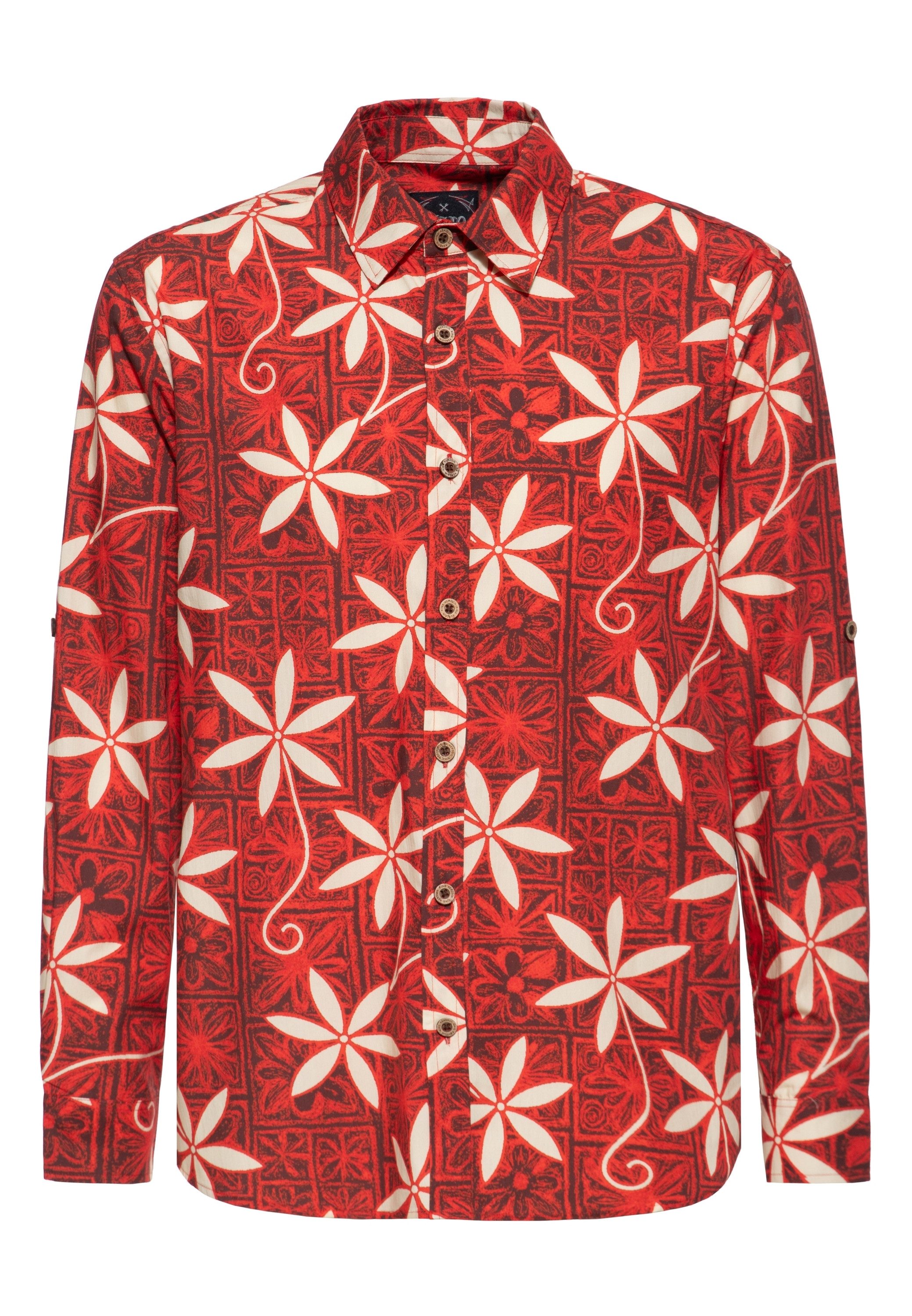 KingKerosin Langarmhemd mit Hawaii-Blumenprint und Krempelärmeln