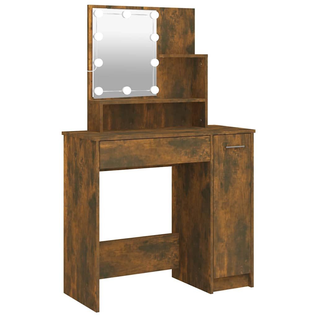 furnicato Schminktisch 86,5x35x136 cm Räuchereiche Massivholz mit (1-St), Kosmetiktisch mit LED-Spiegel, Ablagen, Schublade und Beistellschrank