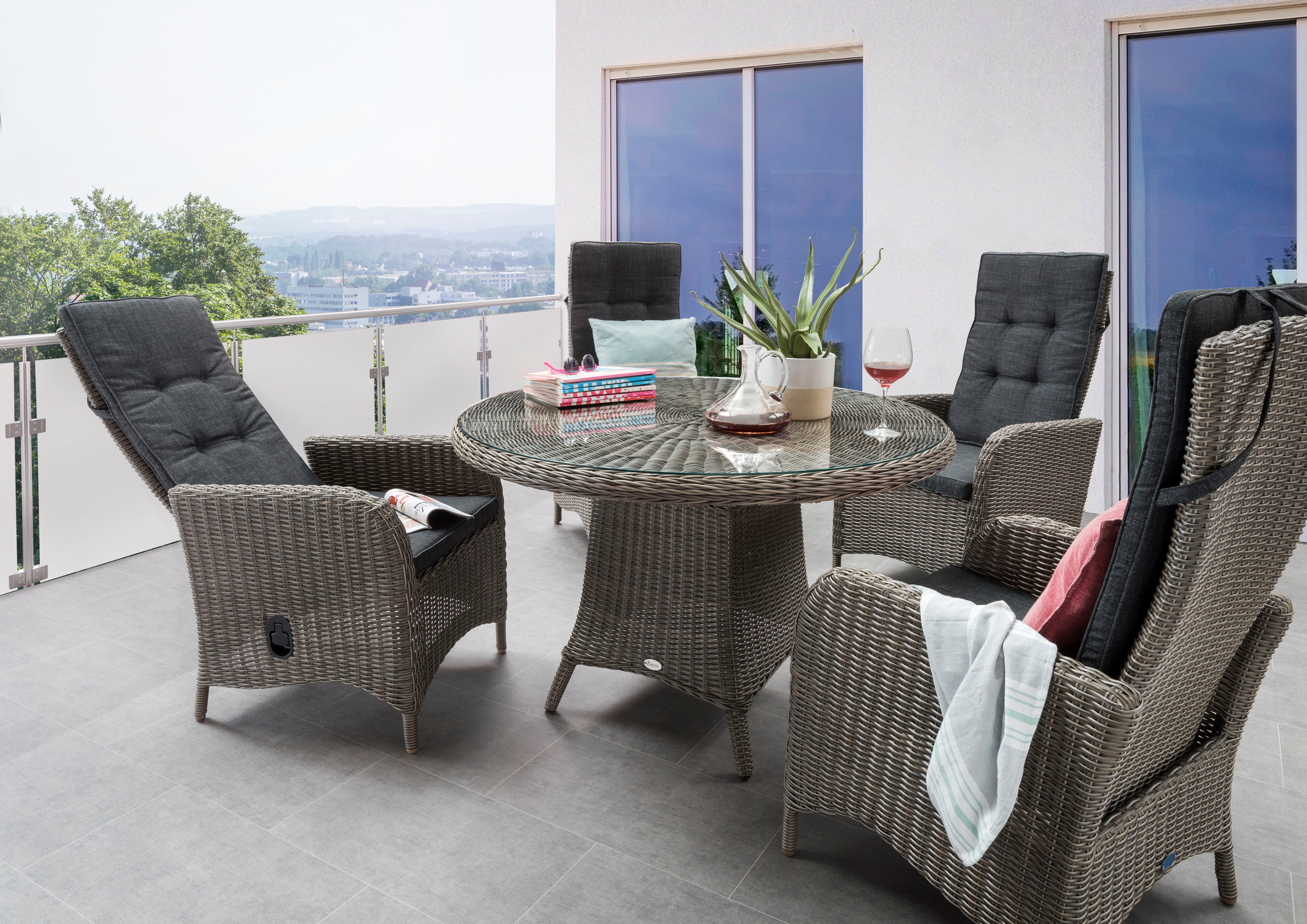 Destiny Garten-Essgruppe PALMA LUNA 4 HL + Tisch Ø 100x75cm vintage grau, (Set, 5-tlg., 4 HL stufenlos verstellb. inkl. Polster, 1 Tisch mt aufgel. Glasplatte), Aluminium, Polyrattan