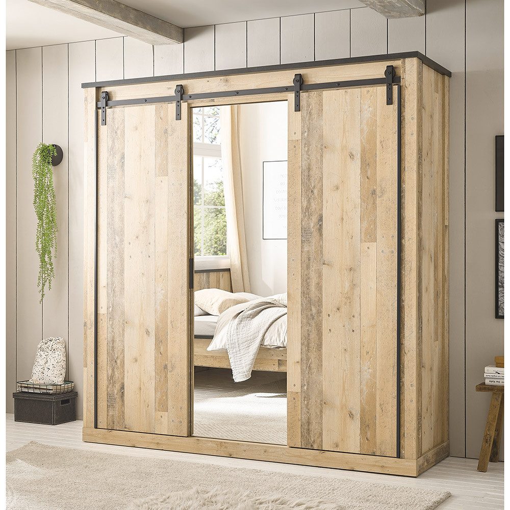 Lomadox Kleiderschrank SHELTON-61 in Old Style hell mit anthrazit 3-türig Schwebetürenschrank Spiegeltür