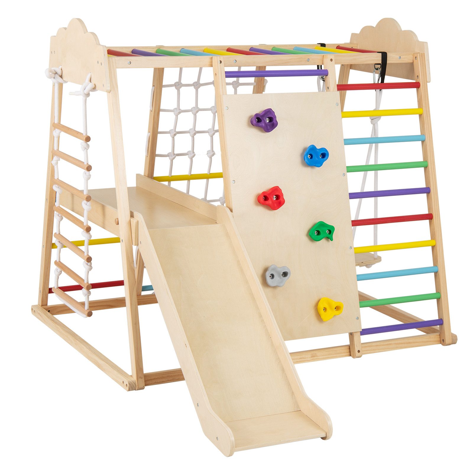COSTWAY Klettergerüst, 8 in 1 hölzerne Kletterdreieck mit Rutsche & Schaukel, indoor