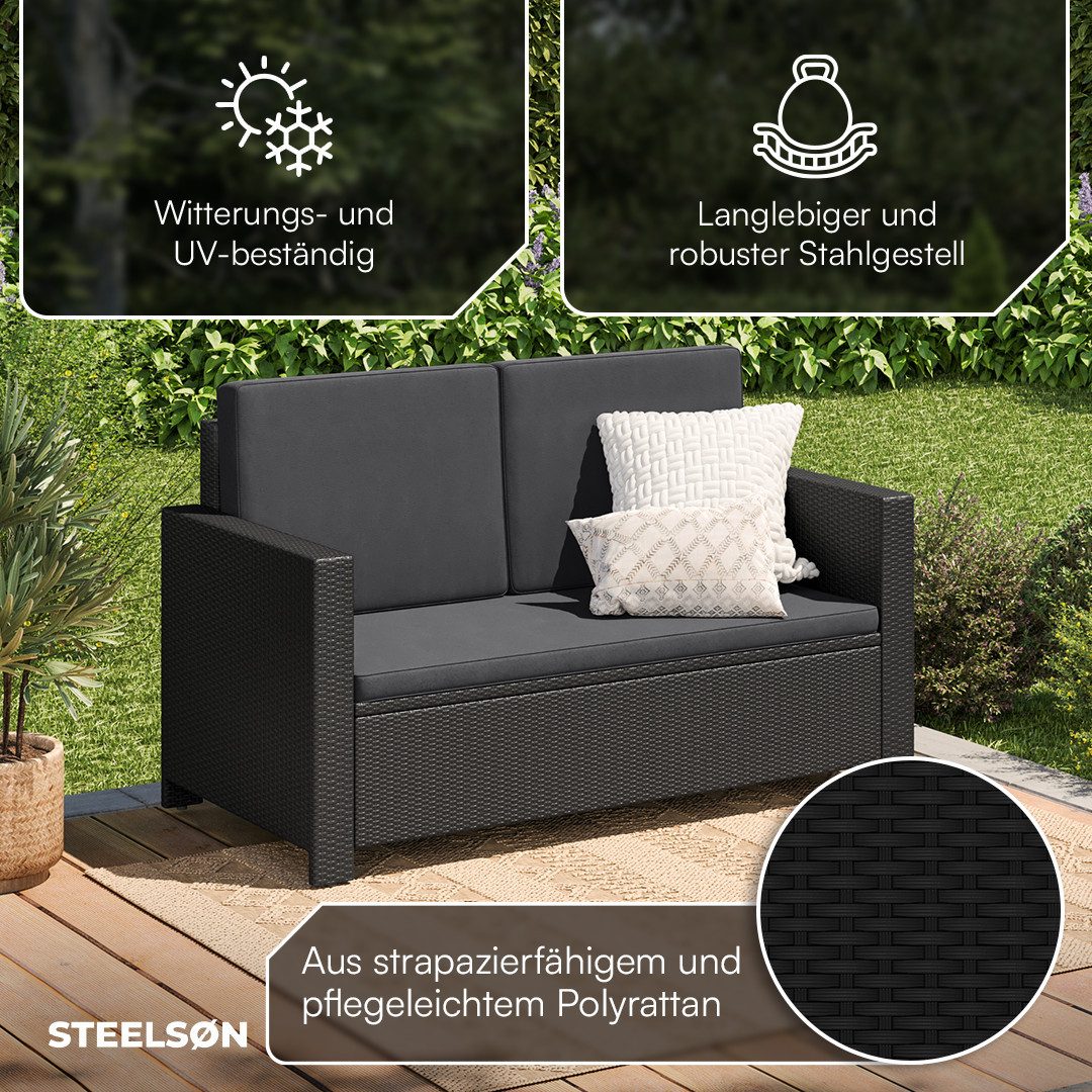 STEELSØN Gartenlounge-Set Elnath Sitzgarnitur mit Sitzpolster, (Gartensofa für 2 Personen in schwarz/anthrazit), Sonnenlounge wetterfestes Polyrattan, verschiedene Ausführungen
