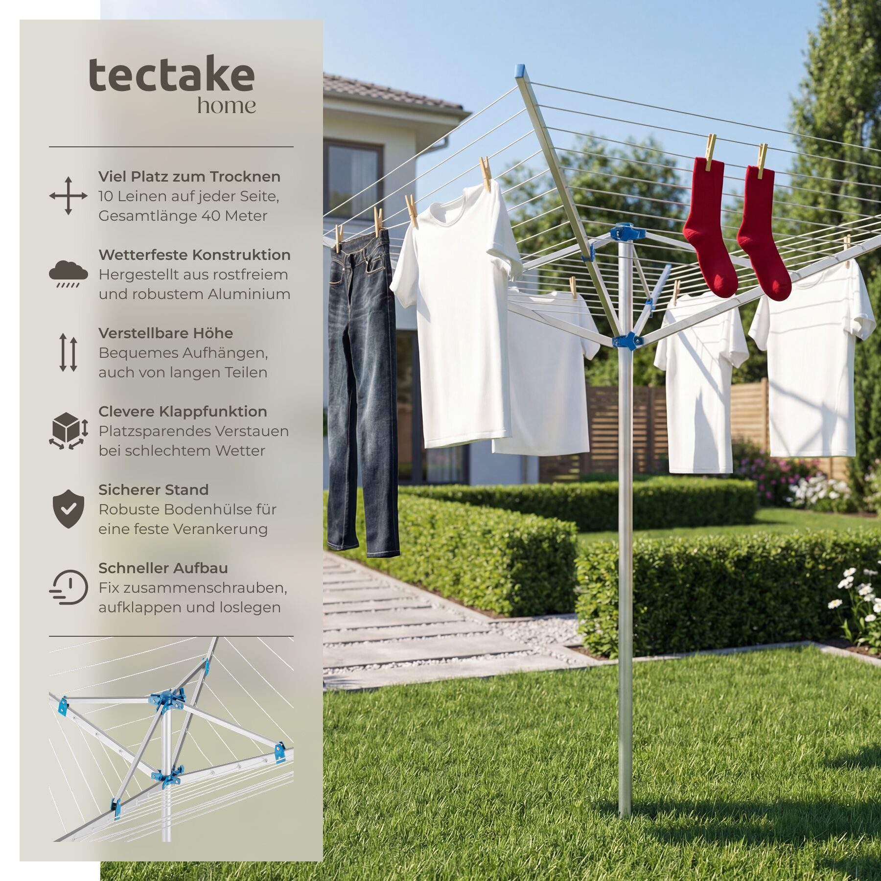 tectake Wäschespinne Wäscheständer aus Aluminium, Leinenlänge 40 m, 150 x 150 x 196 cm, klappbar, drehbar und höhenverstellbar, wetterfest, Inkl. Bodenhülse – Bild 2 von 5