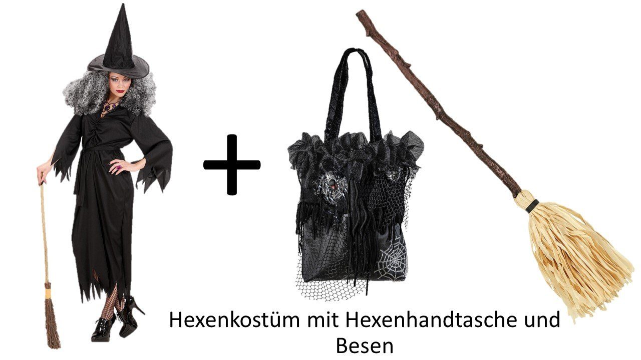 Scherzwelt Hexen-Kostüm Kostüm Hexe schwarz - Gr. S - 3XL - Hexenkostüm Hexen  Verkleidung mit Besen und Handtasche