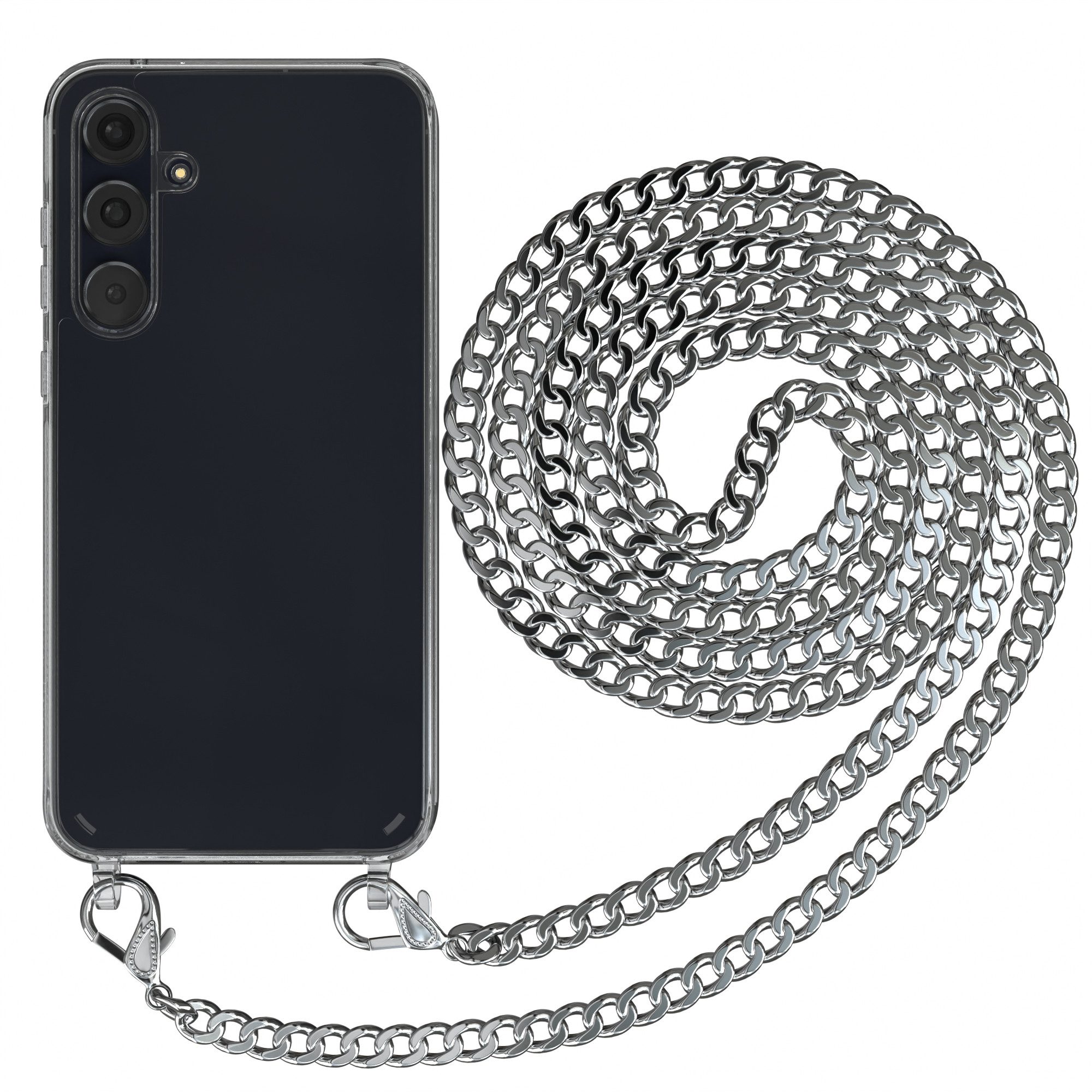 EAZY CASE Handykette 2in1 Metallkette für Samsung Galaxy A55 6,6 Zoll, Hülle mit Kette Metallkette Slimcover Handykette Umhängetasche Silber