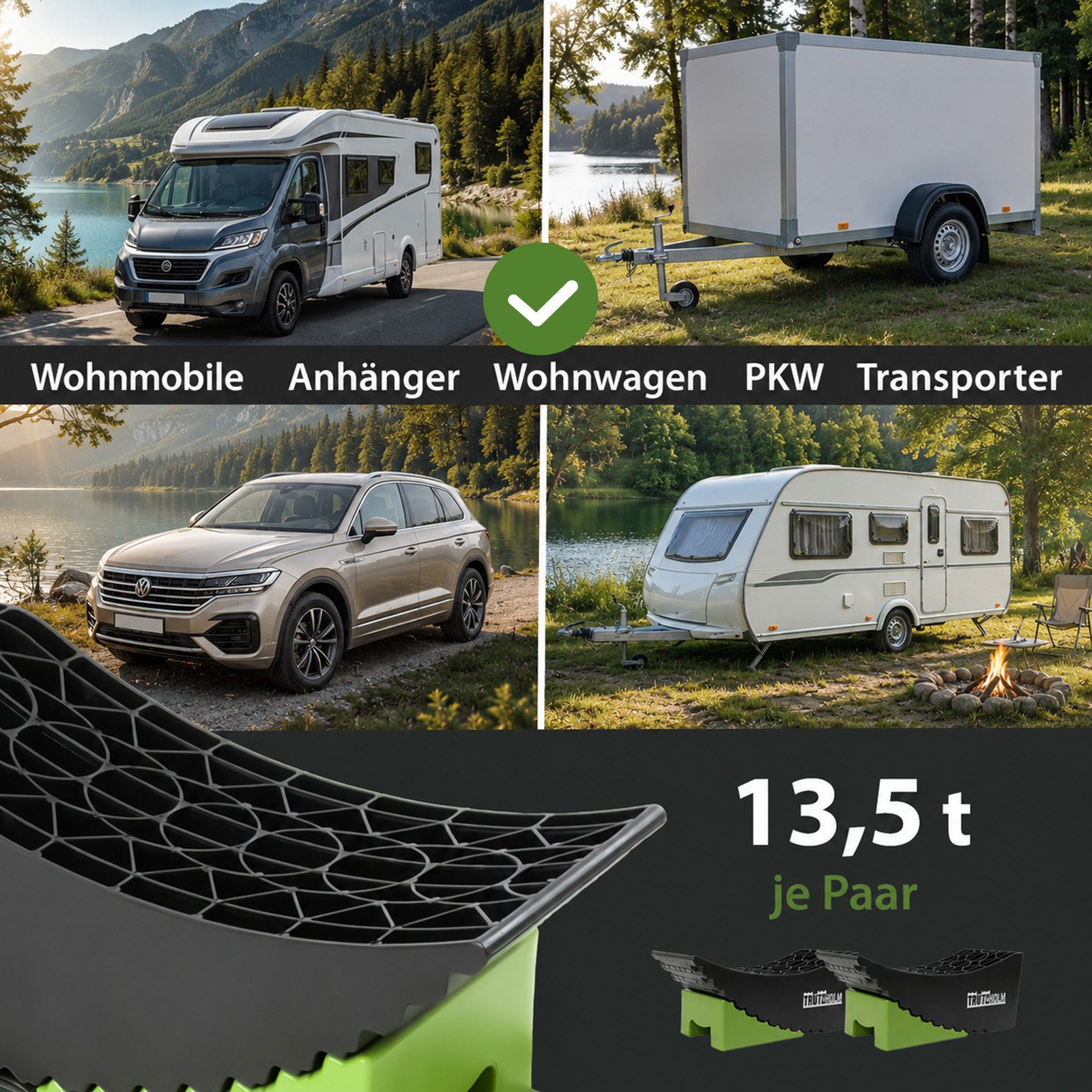 TRUTZHOLM Auffahrrampe 2x Auffahrkeil 2-teilig bis 13,5 t Höhenausgleichsrampe Wohnmobil PKW (2er Set), Kunststoff, Rutschfeste Oberfläche, Höhenverstellbar