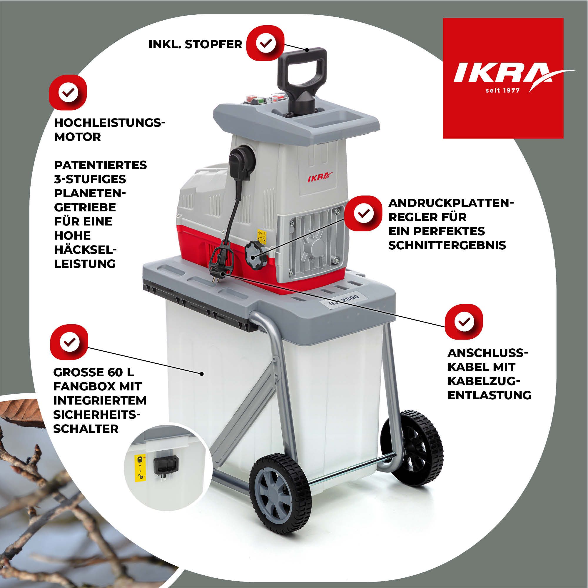 ikra GmbH Häcksler ILH 2800, 4,4 cm max. Astdurchmesser, (inkl. Stopfer & Fangkorb 60 Liter), 2800 W, Walzenhäcksler