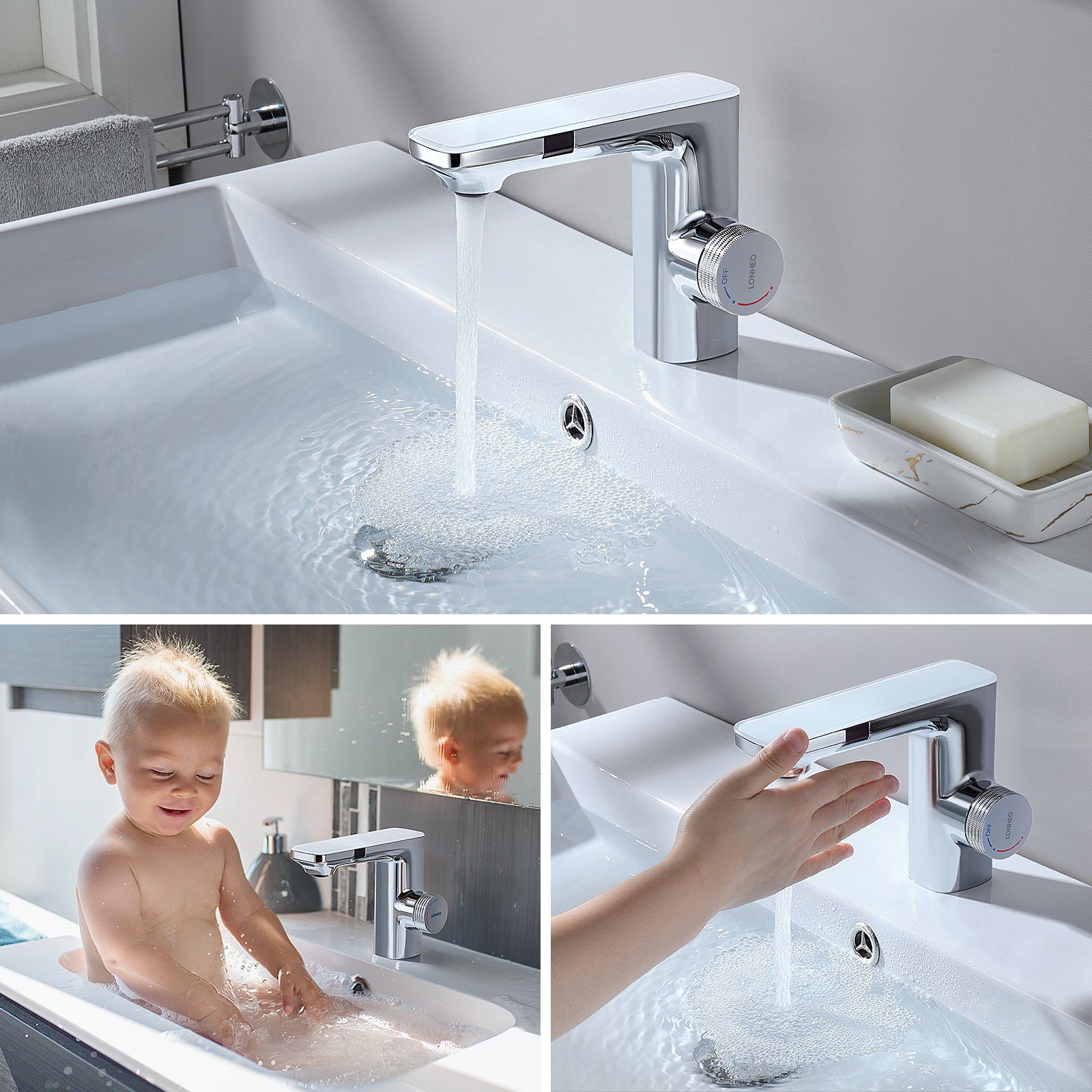 Lonheo Silber Mischbatterie IR Wasserhahn Automatik Sensor Waschtischarmatur Infrarot Waschbecken